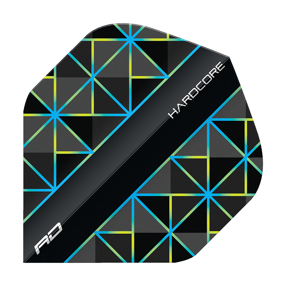 Das Bild zeigt ein Dartflight mit geometrischem Muster in Blau, Gelb und Schwarz. Auf dem Flight steht das Wort "HARDCORE" und unten links ist das Logo "RD" zu sehen.