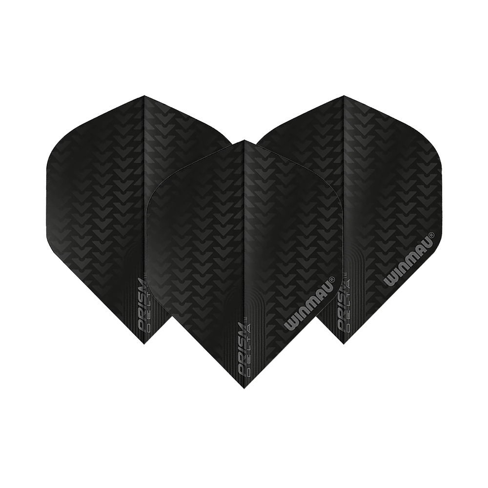 6915-200_Winmau_Prism_Delta_6915-200_Standard_Flights_1 Das Bild zeigt drei schwarze Dartflights des Modells "Winmau Prism Delta 6915.200 Standard". Auf den Flights ist ein Muster sowie das Winmau-Logo zu sehen.