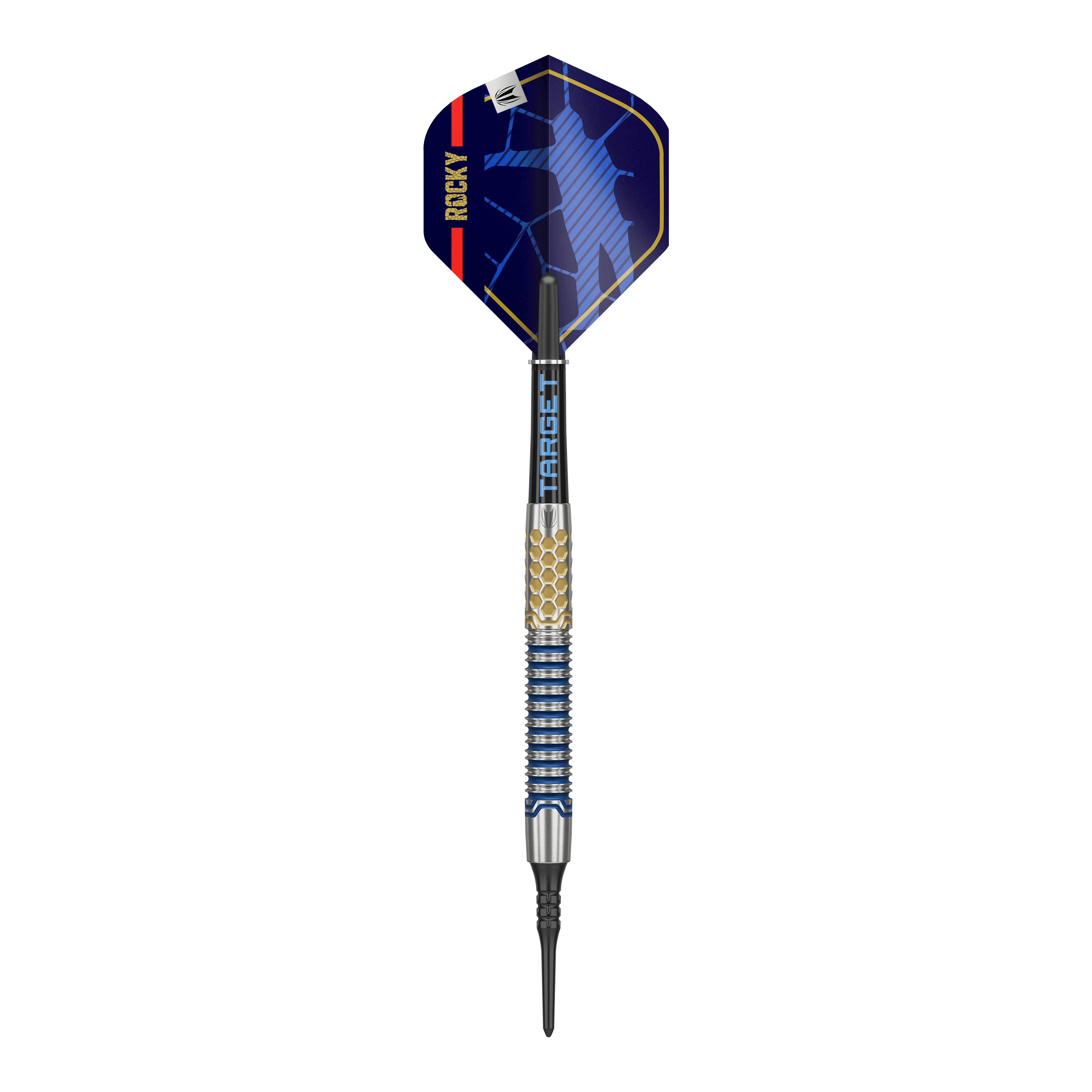 Target Josh Rock GEN1 Soft Darts - 20g Das Bild zeigt einen Target Josh Rock GEN1 Softdart mit einem Gewicht von 20g. Der Dartpfeil hat ein modernes Design mit blauen und goldenen Akzenten.