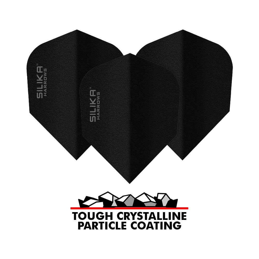 Das Bild zeigt drei schwarze Dart-Flights der Marke Harrows Silika mit der Aufschrift "SILIKA HARROWS". Unter den Flights befindet sich ein Logo mit der Aufschrift "TOUGH CRYSTALLINE PARTICLE COATING".