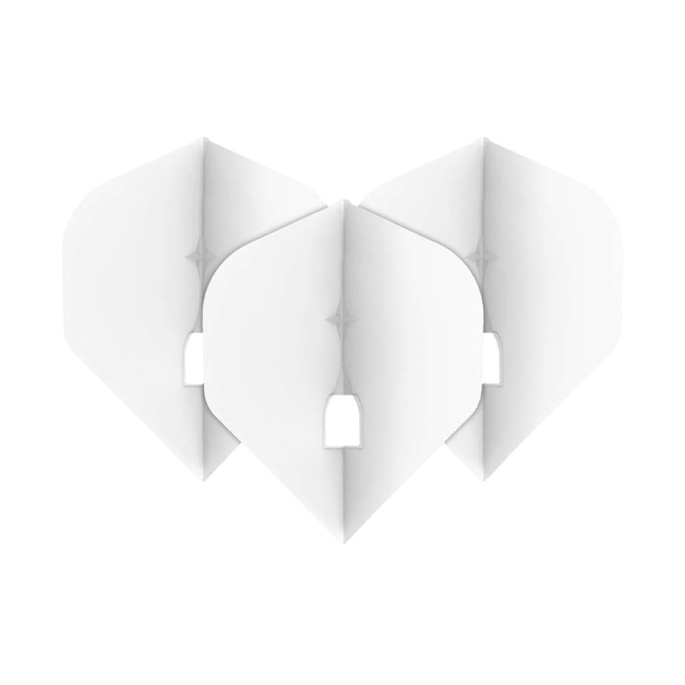 L-Style Champagne L1PRO Flights Das Bild zeigt drei weiße Dart-Flights, die nebeneinander angeordnet sind. Sie haben eine klassische, leicht abgerundete Form und einen kleinen Ausschnitt in der Mitte unten.