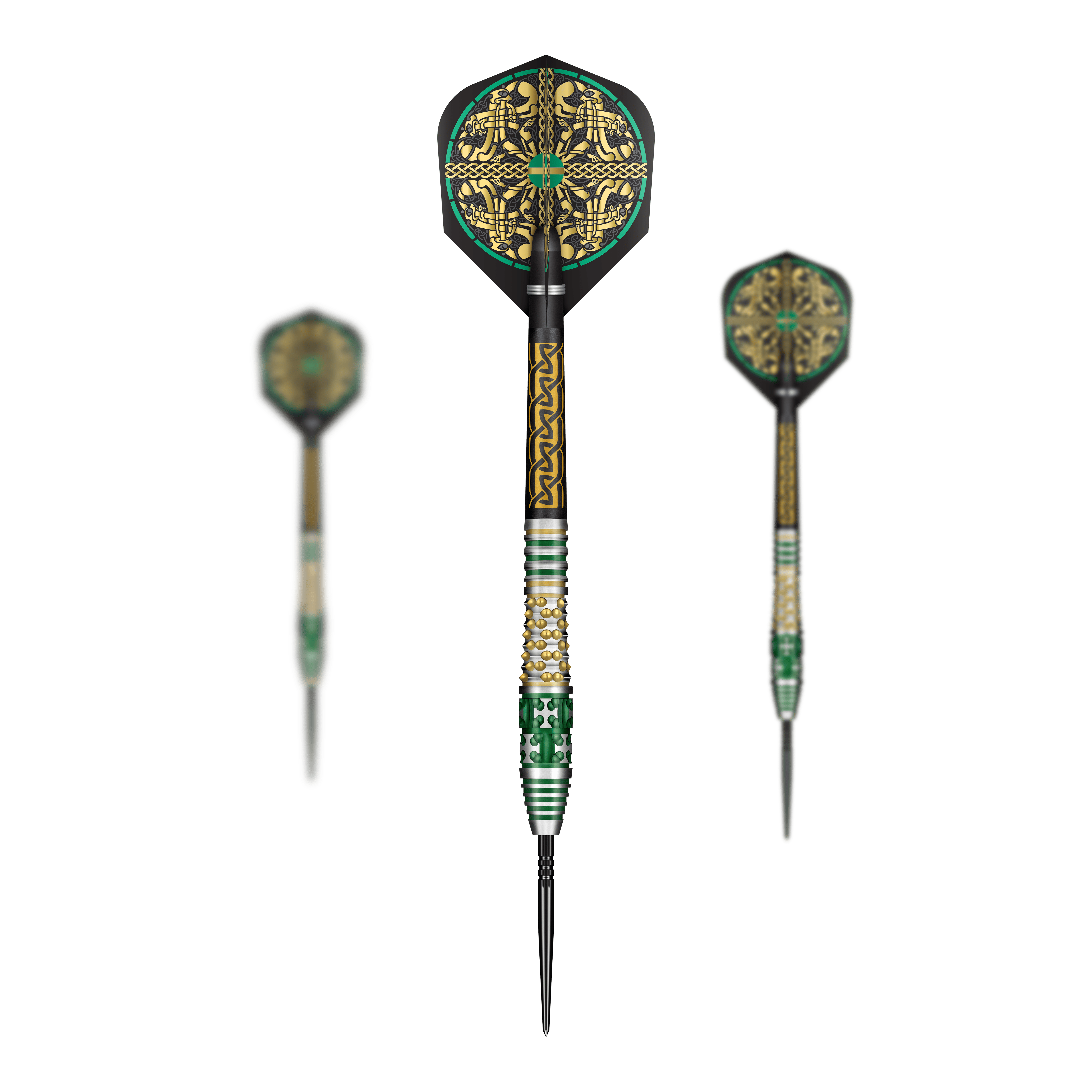 Shot Celt Cernunnos Turbo Point Steeldarts Das Bild zeigt ein Set Shot Celt Cernunnos TurboPoints Steeldarts. Die Darts sind mit Details verziert.