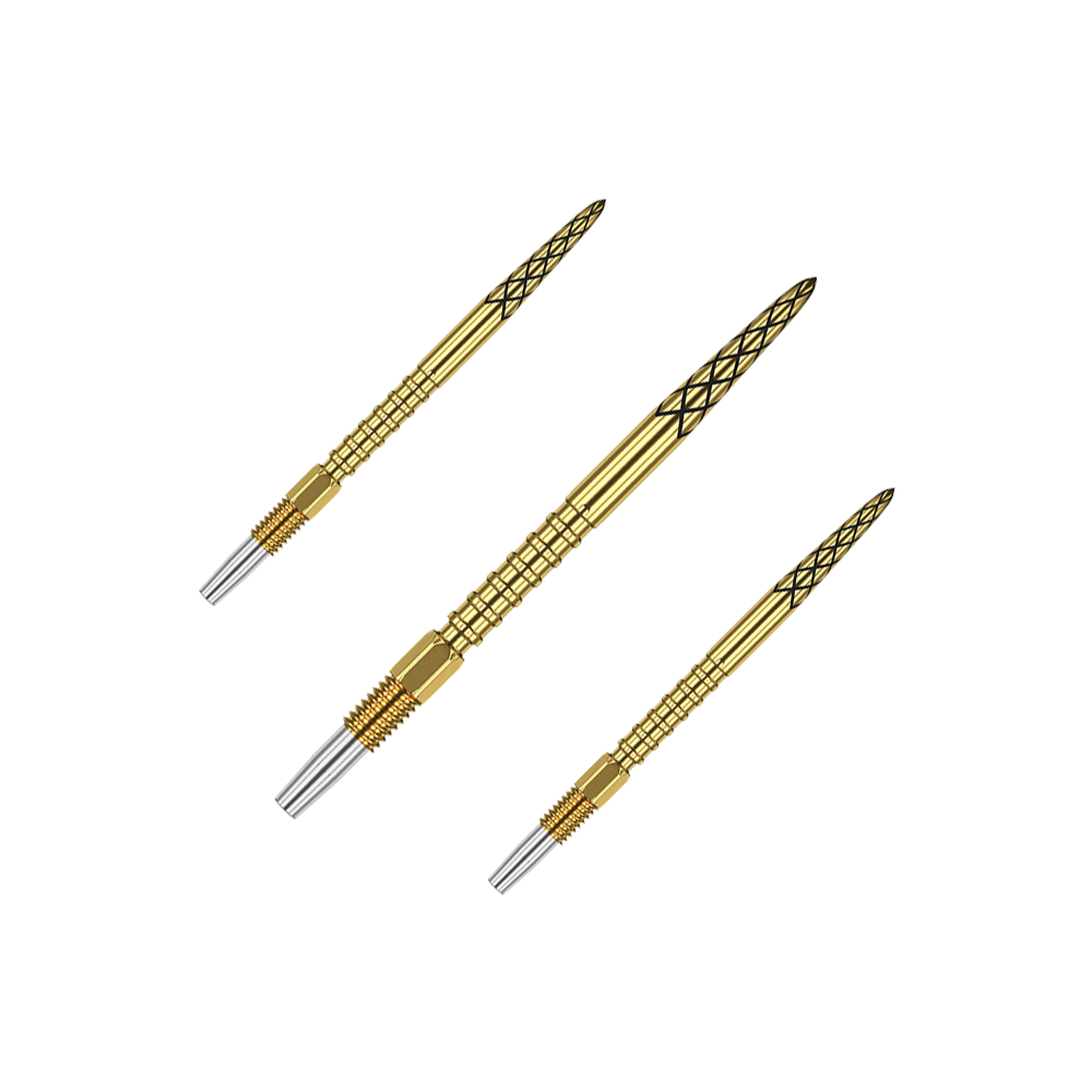Target Swiss DS Surge Point Dart Tips - Gold Das Bild zeigt drei goldene Dartspitzen mit silbernen Enden. Die Spitzen haben ein Rautenmuster und sind 30 mm lang.