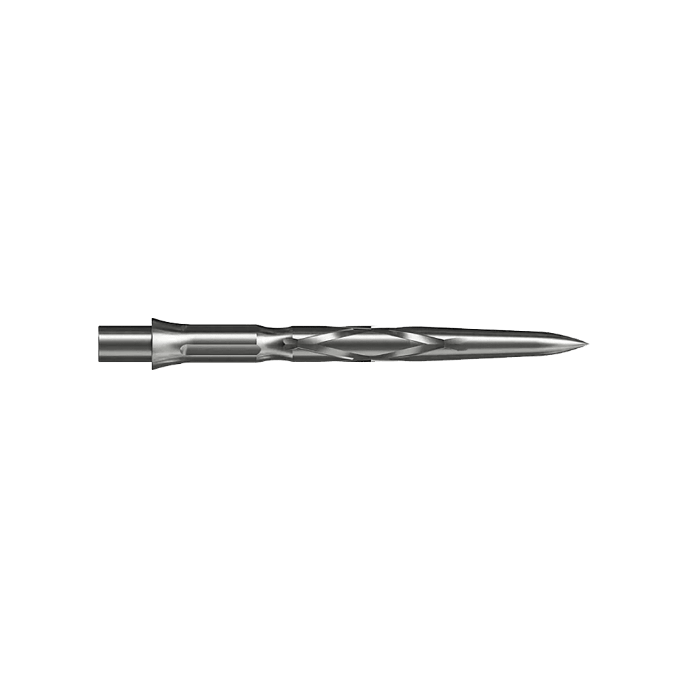 Caliburn System steel dart tips - HAN G2 - Silver Auf dem Bild ist eine silberne Steeldartspitze mit einem spiralförmigen Muster zu sehen. Sie ist schmal und hat eine spitz zulaufende Form.