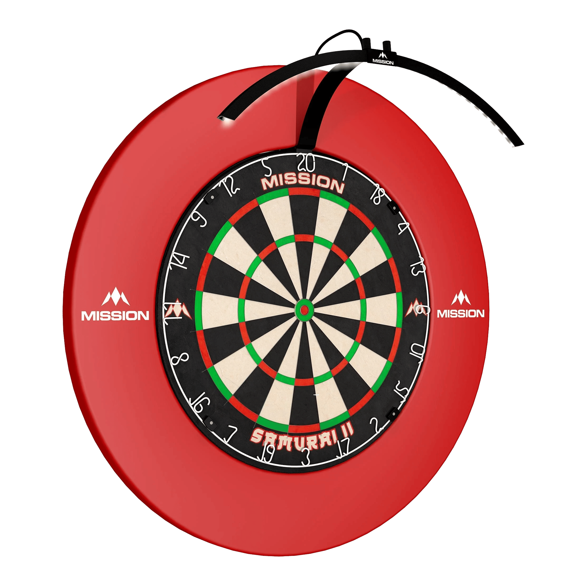 Das Bild zeigt das "Mission Torus 100 Faltbare LED Dartboard Beleuchtung" an einem Dartboard befestigt. Die LED-Beleuchtung sorgt für eine optimale Ausleuchtung der Dartscheibe.