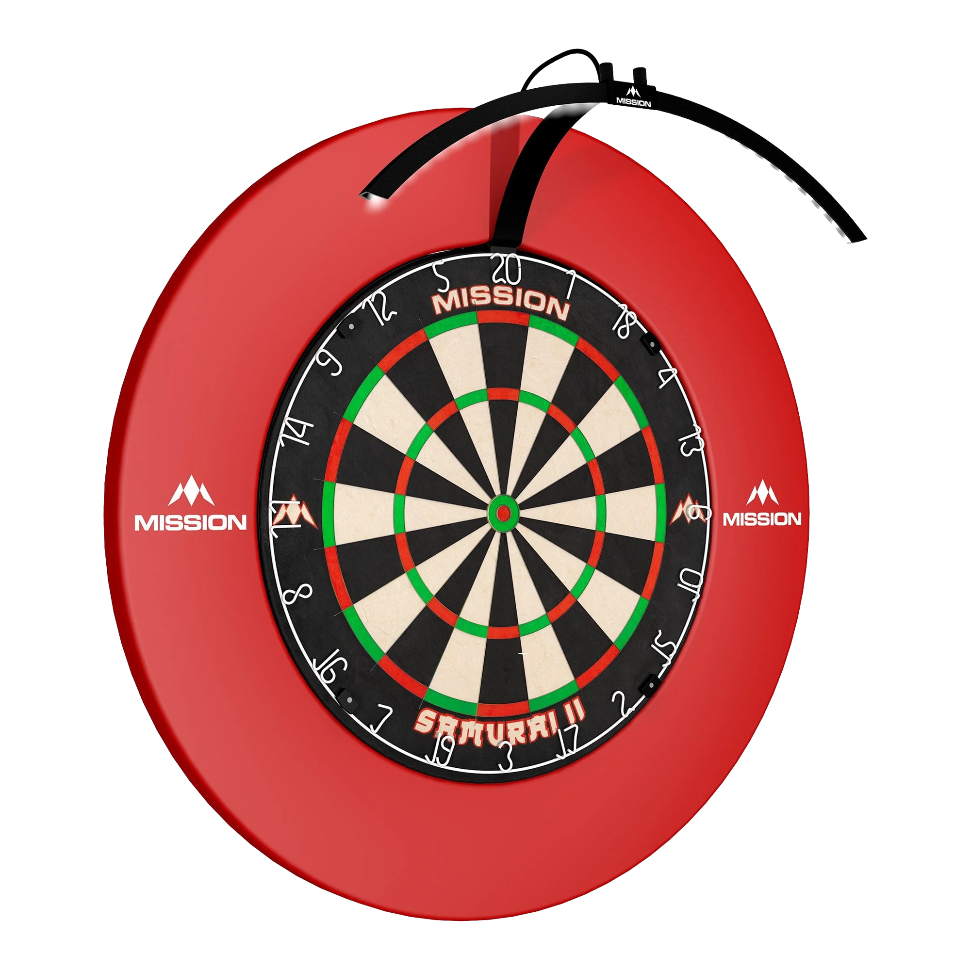 Mission Torus 100 Foldable LED Dartboard Lighting Das Bild zeigt das "Mission Torus 100 Faltbare LED Dartboard Beleuchtung" an einem Dartboard befestigt. Die LED-Beleuchtung sorgt für eine optimale Ausleuchtung der Dartscheibe.