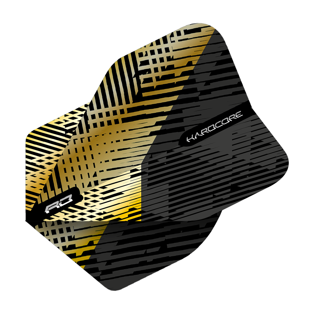 Das Bild zeigt das Produkt "Red Dragon Hardcore Premium Gold Black Fleck Standard Flights." Das Design besteht aus goldenen und schwarzen Linien mit auffälligen Mustern.