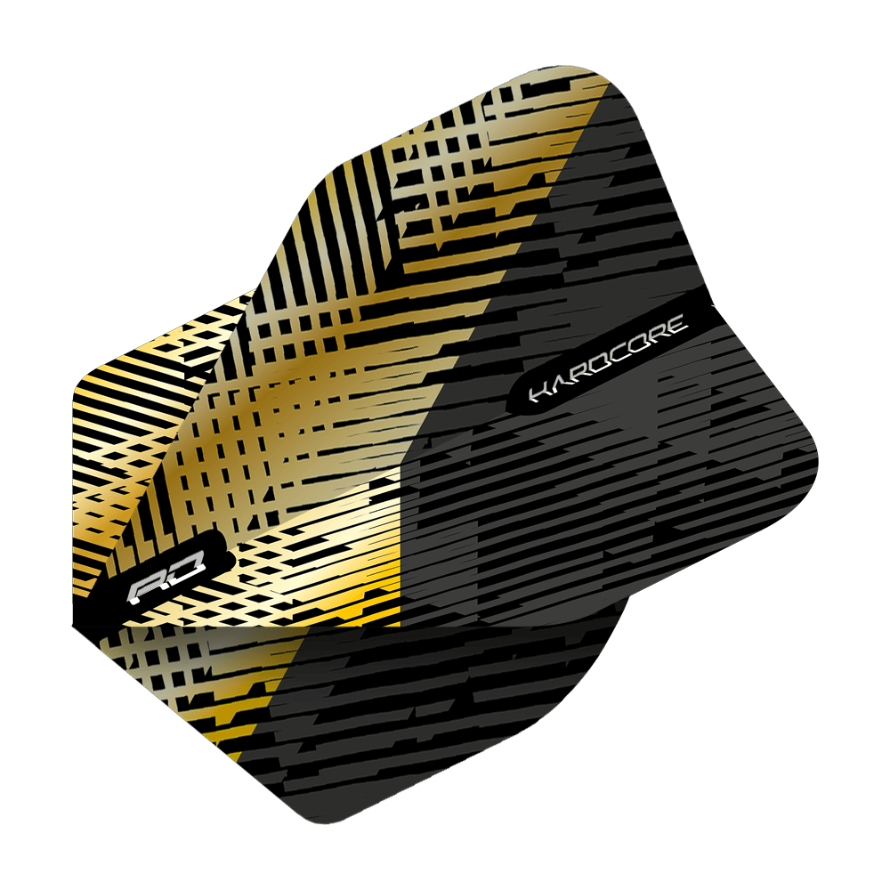 TF6832_Red_Dragon_Hardcore_Premium_Gold_Black_Fleck_Standard_Flights_21qJtqGGoE2Php Das Bild zeigt das Produkt "Red Dragon Hardcore Premium Gold Black Fleck Standard Flights." Das Design besteht aus goldenen und schwarzen Linien mit auffälligen Mustern.