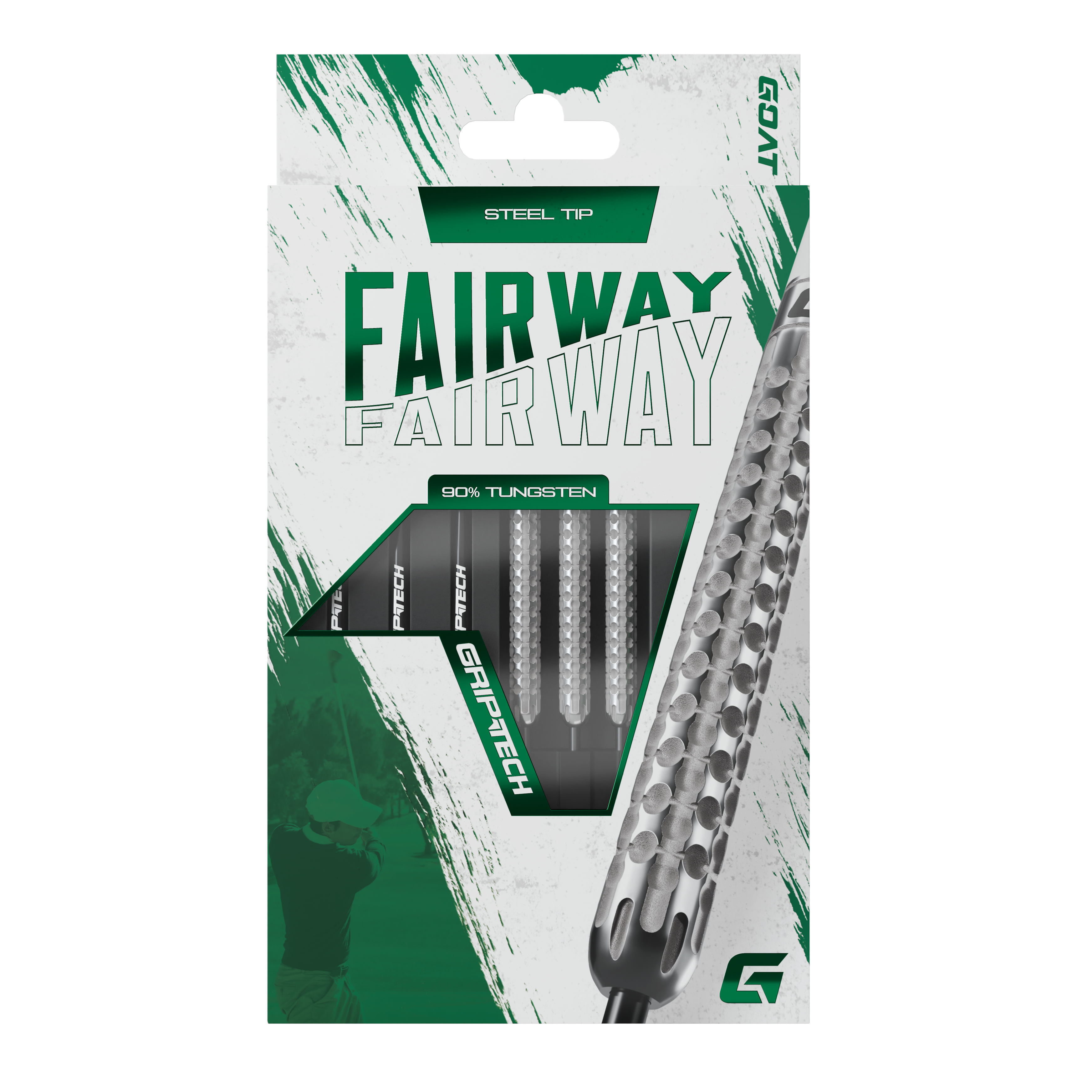 GOAT Fairway V1 Tungsten Steel Darts Die Abbildung zeigt eine Verpackung der GOAT Fairway V1 Tungsten Steeldarts. Die Darts haben eine Stahlspitze und bestehen zu 90% aus Tungsten.