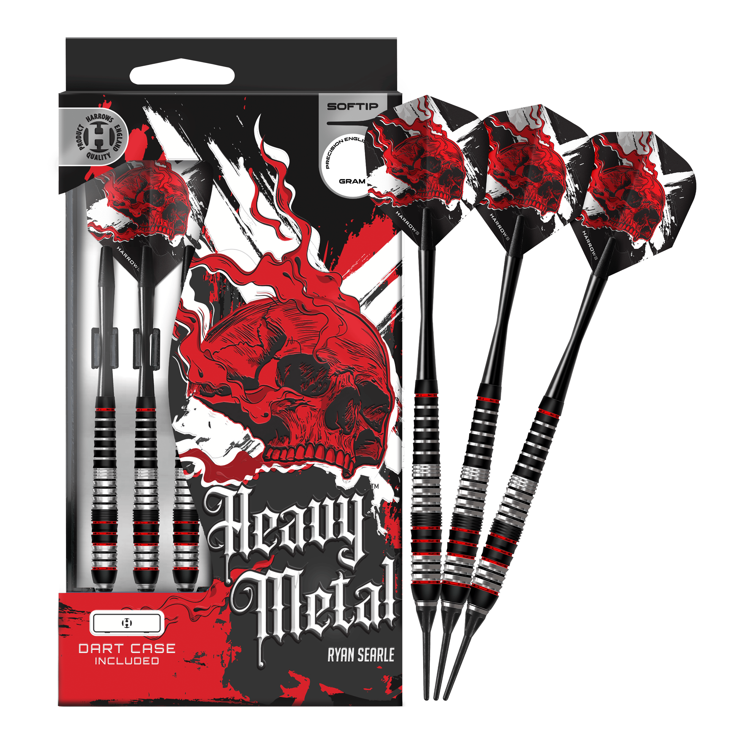 Das Foto zeigt die Harrows Heavy Metal Ryan Searle Brass Softdarts in voller Länge. Die Darts sind komplett abgebildet und liegen nebeneinander.