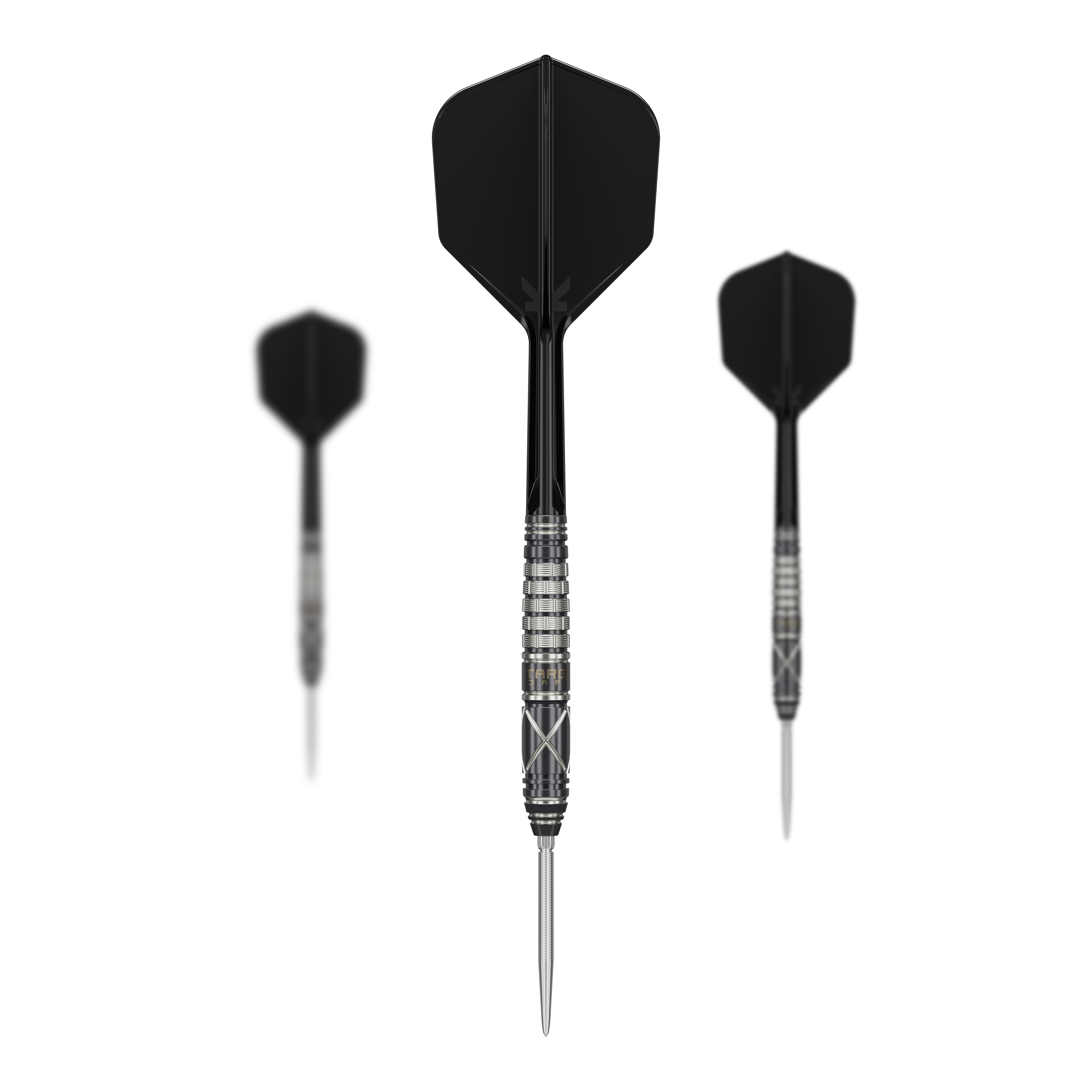 Das Bild zeigt drei schwarze Steeldarts des Produkts „Target Japan Black Marque Chaos 2 SP“. Die Darts haben silberne Spitzen und ein gerilltes Griffstück.