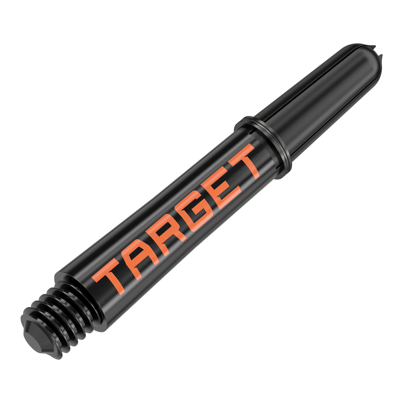 Target Pro Grip TAG Shafts - 3 Sets - Black Orange Das Bild zeigt einen schwarzen Dart-Schaft mit orangener Aufschrift "TARGET". Er hat ein Schraubgewinde an einem Ende und ist 34 mm lang.