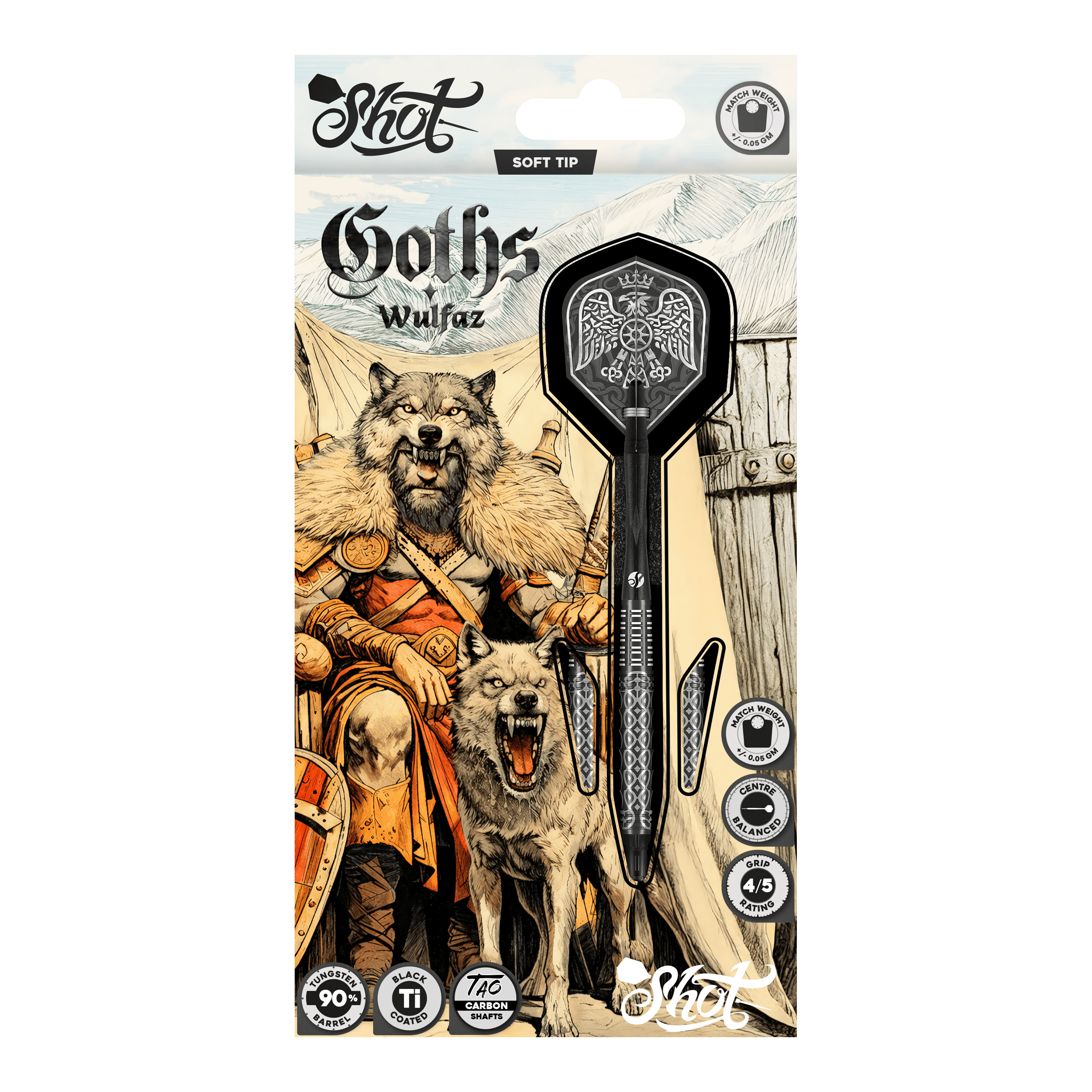 Shot Goths Wulfaz soft darts - 20g Auf dem Bild sind die Shot Goths Wulfaz Softdarts mit 20g Gewicht zu sehen. Das moderne Design sorgt für ein optimales Dartspiel.