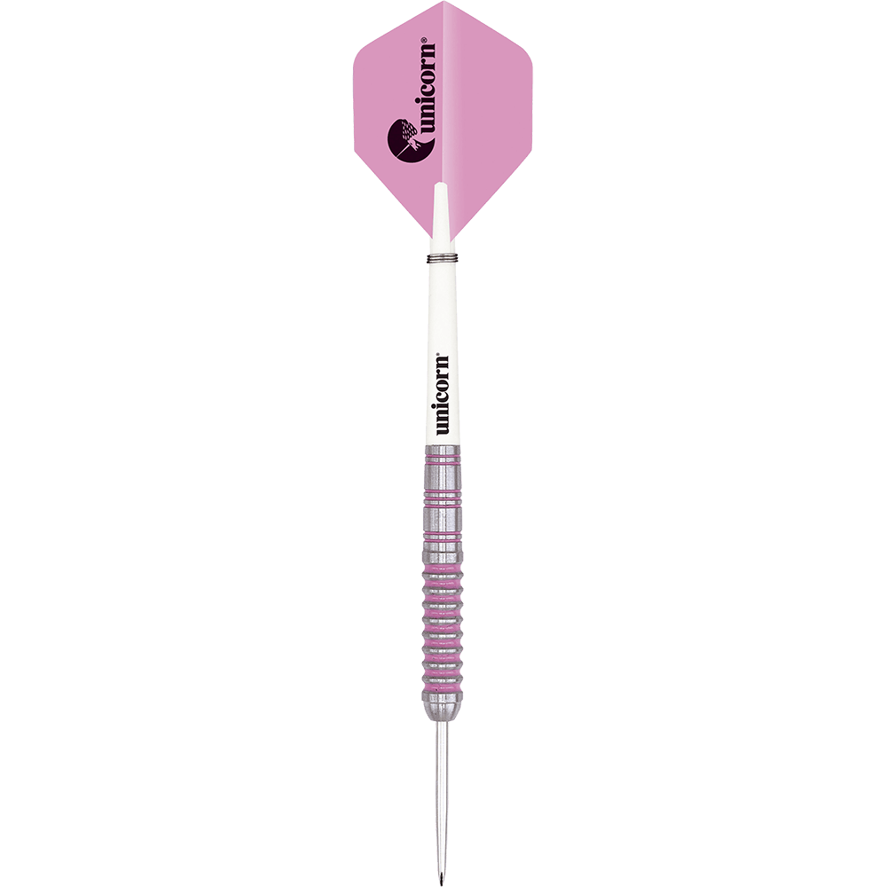 06020_Unicorn_Autograph_Steeldarts_1S3p4gR1frsl1F Das Bild zeigt einen Unicorn Autograph Steeldart mit einer rosa Flights und silber-lila Griff. Der Schaft ist weiß und auf ihm steht das Wort „unicorn“.