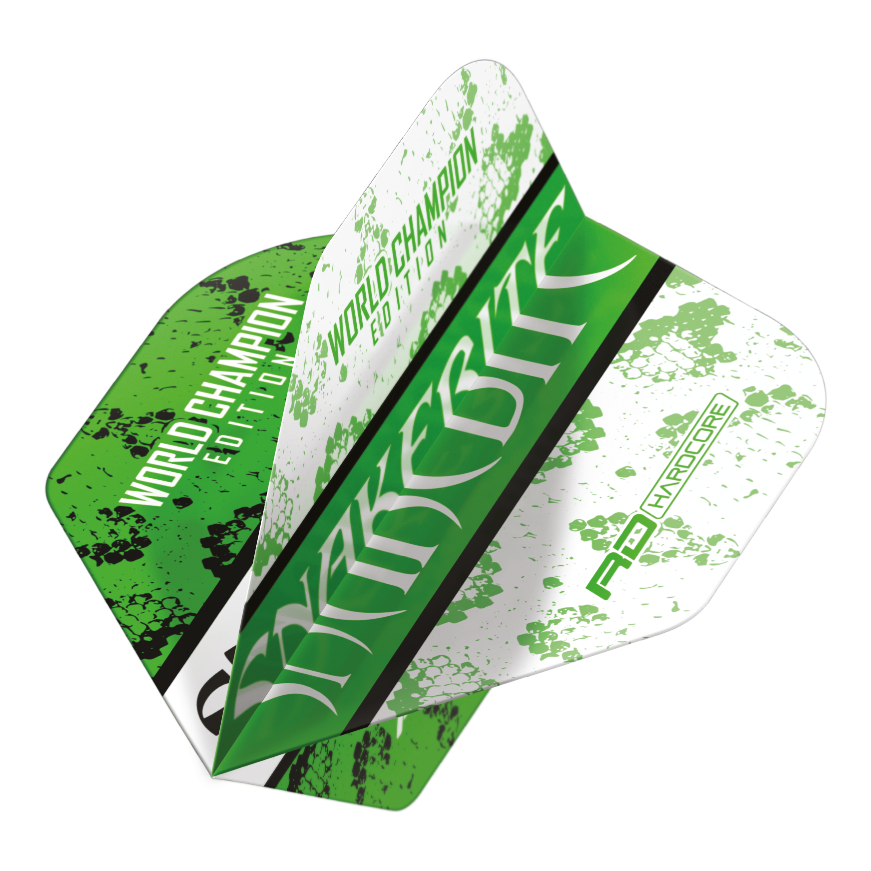 Red Dragon Peter Wright Snakebite Green White Yin Yang Standard Flights Das Bild zeigt ein Dart-Flight mit grün-weißem Design und dem Aufdruck "Snakebite" sowie "World Champion Edition". Es handelt sich um das Modell "Red Dragon Peter Wright Snakebite Green White Yin Yang Standard Flights".