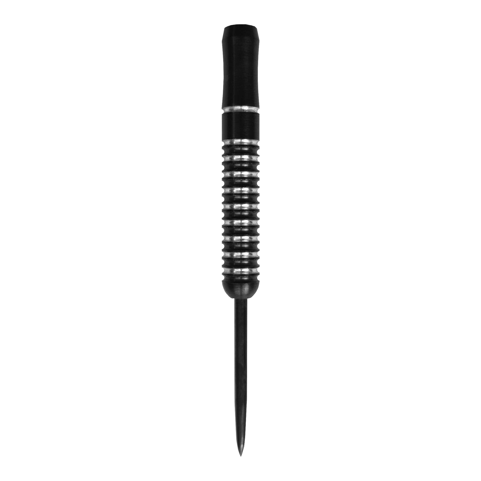 Das Bild zeigt einen McDart Void Steeldart Barrel mit einem Gewicht von 23g. Der Dart hat ein schwarz-silbernes Rillenmuster und eine spitze Metallspitze.