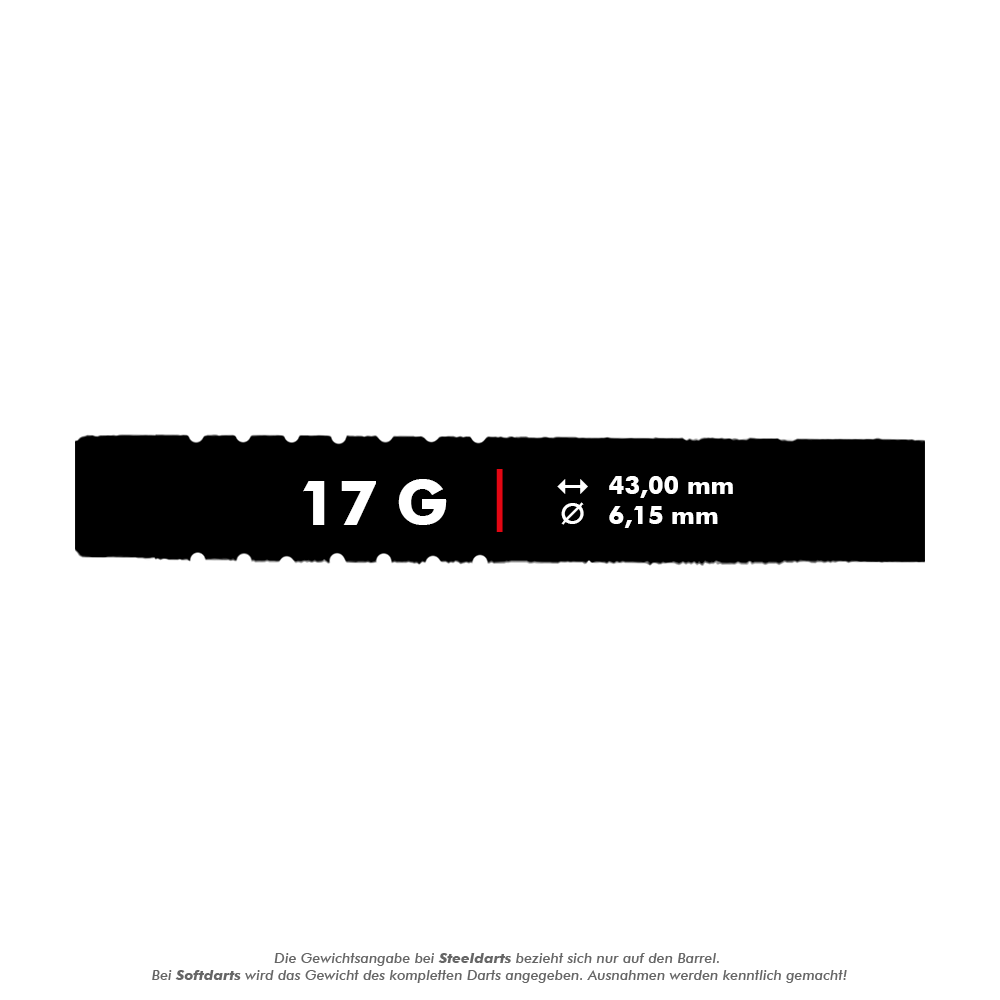 McDart 85 Tungsten V1 soft darts - 17g Das Bild zeigt die Produktinformationen zu den McDart 85er Tungsten V1 Softdarts mit einem Gewicht von 17 Gramm. Die Darts sind 43,00 mm lang und haben einen Durchmesser von 6,15 mm.