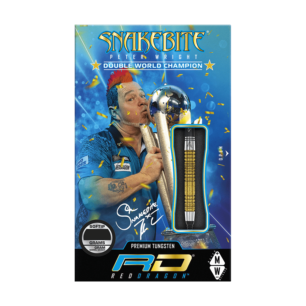 Red Dragon Peter Wright Double World Champion SE Gold Plus Softdarts - 20g Das Bild zeigt die Verpackung der "Red Dragon Peter Wright Double World Champion SE Gold Plus Softdarts - 20g". Auf der Verpackung ist ein Bild von Peter Wright mit Pokal und einem goldfarbenen Dart abgebildet.