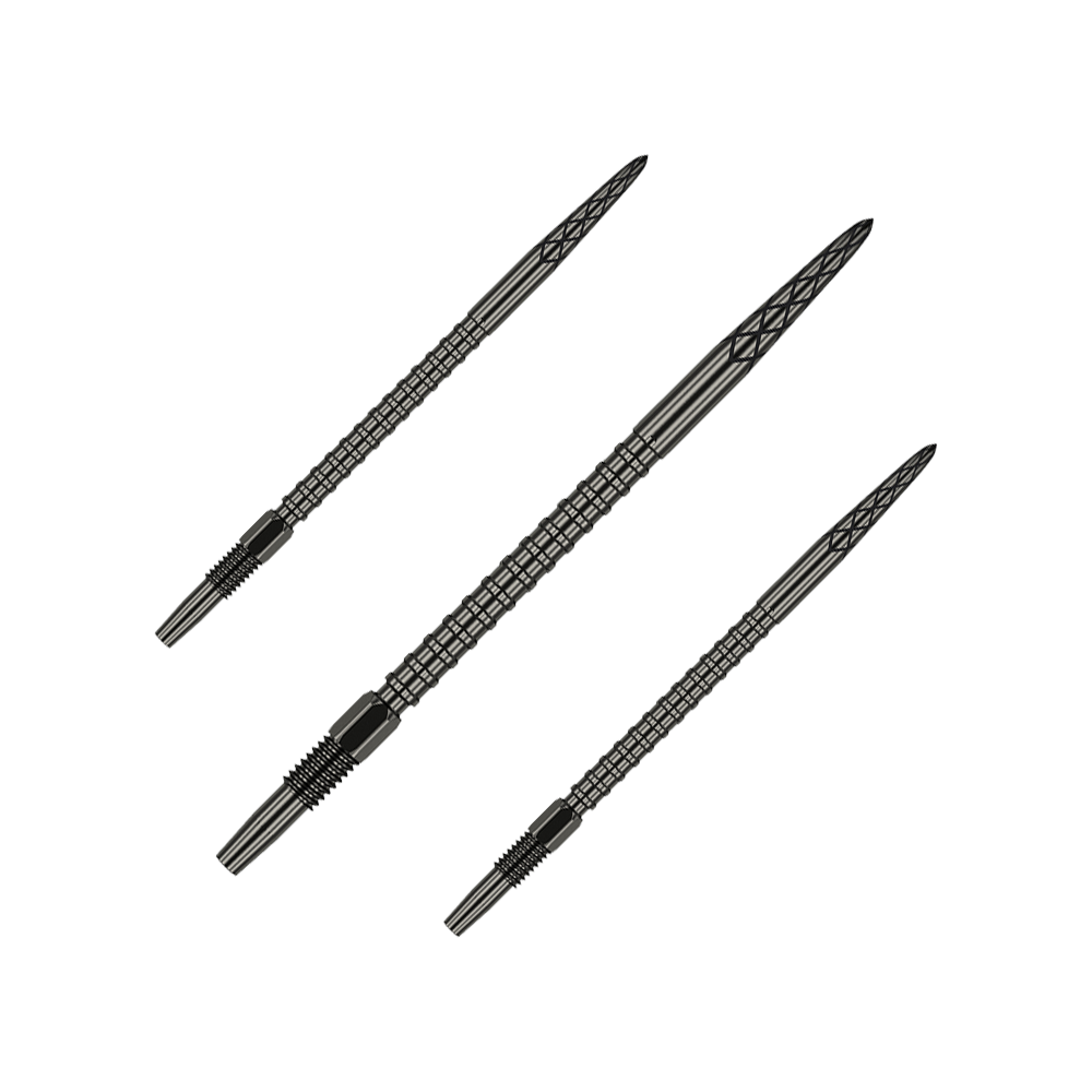 Target Swiss DS Surge Point dart tips - Black Das Bild zeigt drei schwarze Dartspitzen mit feinen Rillen und Mustern. Sie sind nebeneinander auf einem grünen Hintergrund angeordnet.