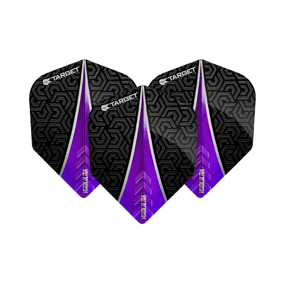 TG56_331000_Target_Vision_Ultra_Purple_No6_Flights_1zczejHmMopWRu Das Bild zeigt drei Target Vision Ultra Purple No6 Flights. Die Flights sind schwarz mit einem lila Streifen und geometrischem Muster gestaltet.