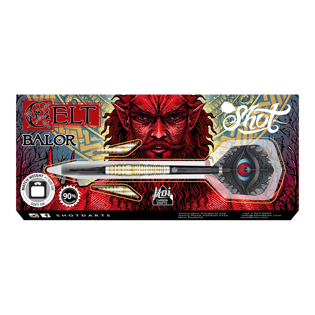 Shot Celt Balor Softdarts Die Abbildung zeigt die „Shot Celt Balor Softdarts“ in ihrer Verpackung. Auf der Verpackung ist ein auffälliges, rotes Fantasy-Gesicht im Hintergrund zu sehen.