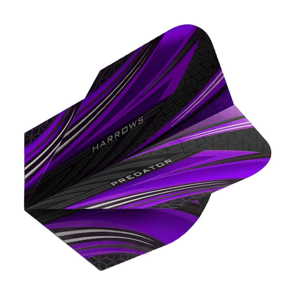 HR7523_Harrows_Prime_Predator_Purple_No2_Standard_Flights_2 Das Bild zeigt das Produkt "Harrows Prime Predator Purple No2 Standard Flights". Die Dart-Flights sind in Lila, Schwarz und Silber gestaltet und haben ein modernes, dynamisches Muster.