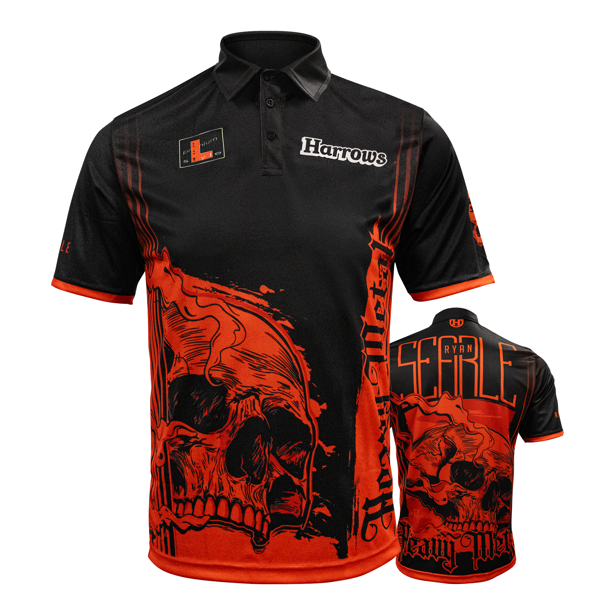 Harrow's Ryan Searle Heavy Metal Player Shirt Gezeigt wird das Harrows Ryan Searle Heavy Metal Playershirt. Dieses Produkt ist ein Spielertrikot für Dartfans.