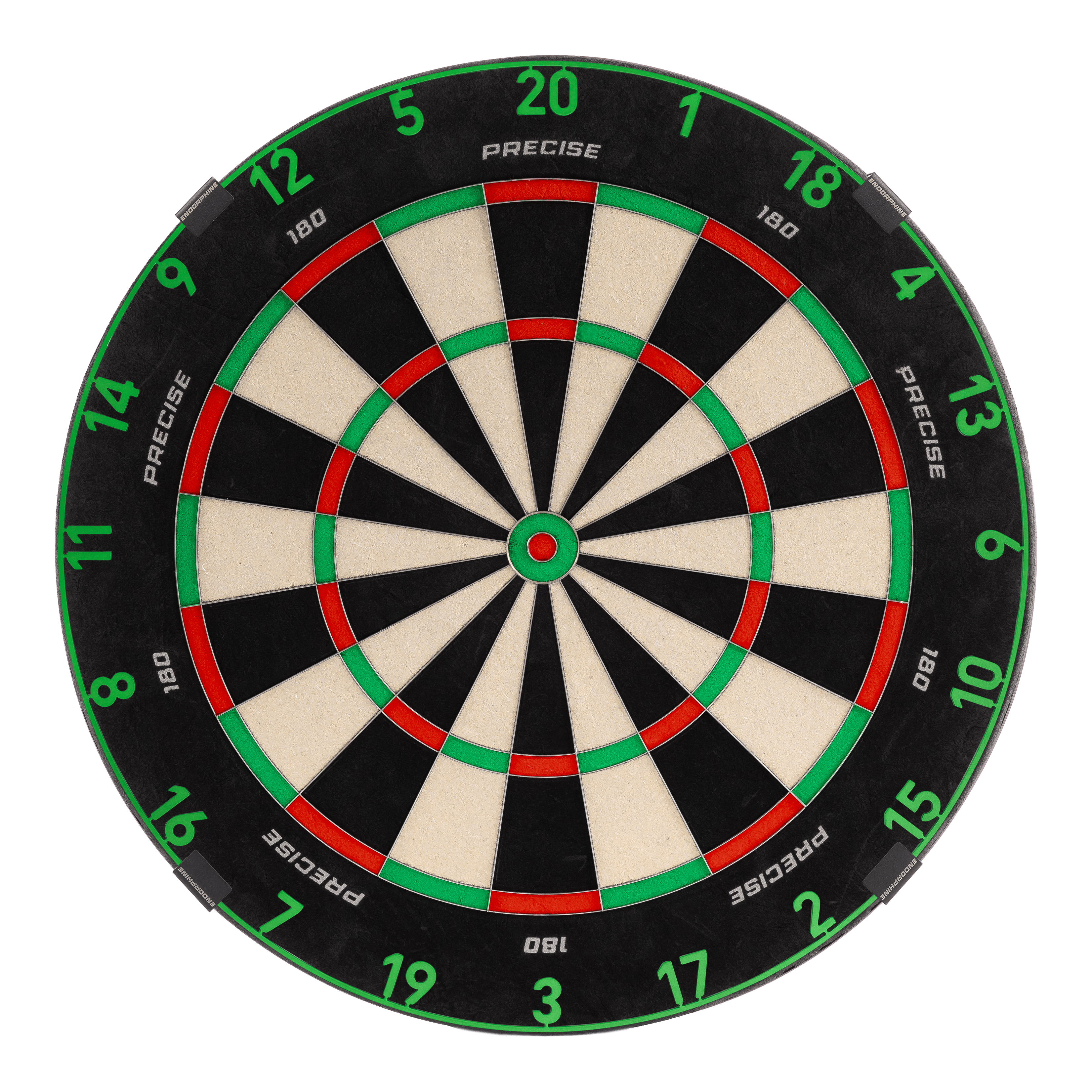 Zu sehen ist das Precise 180 Endorphine Steeldartboard mit Nummernring in Emerald Green. Dieses Produkt eignet sich ideal für Dartspieler.