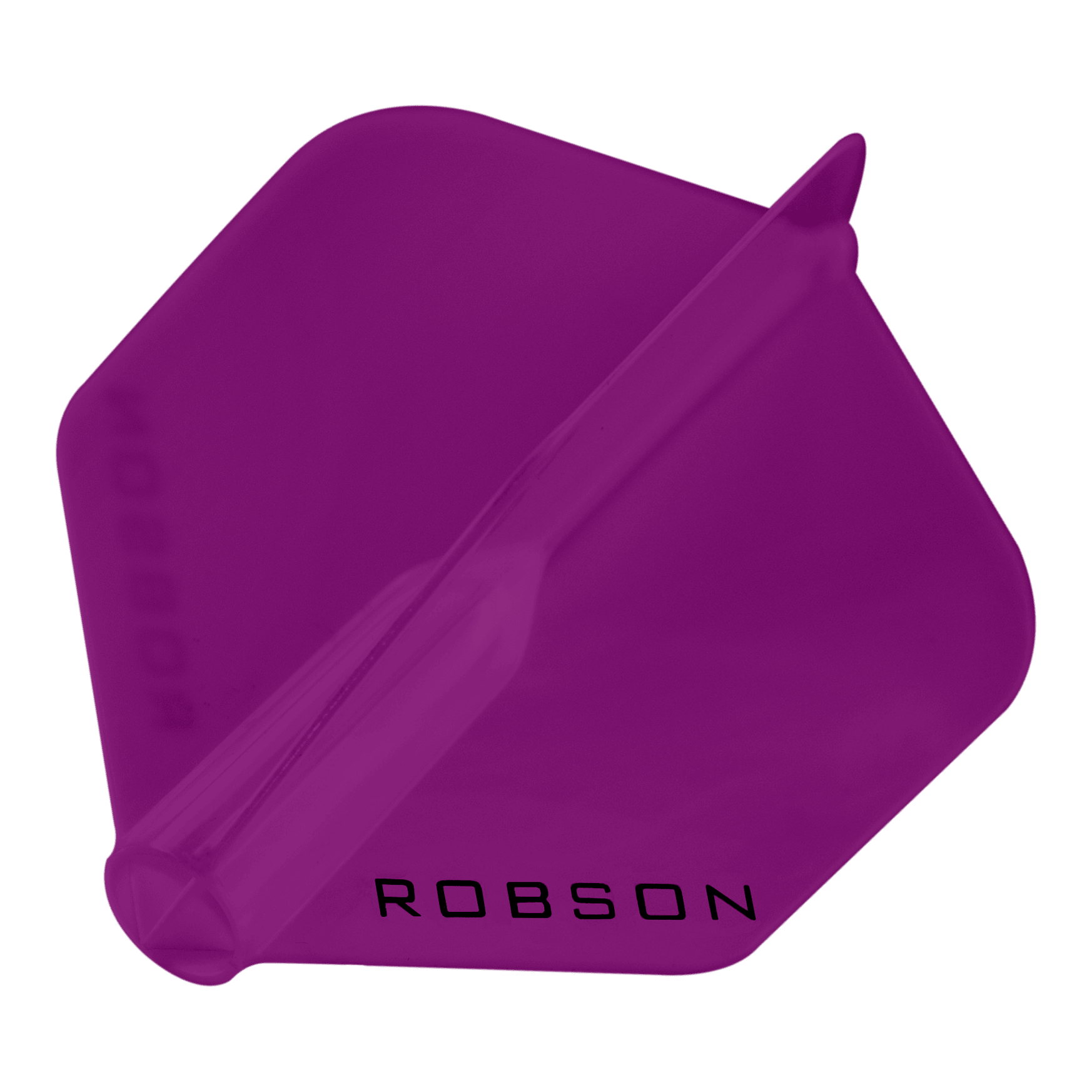 Robson Plus Flights - Standard Das Bild zeigt ein violettes Dartflight mit sechseckiger Form. Auf dem Flight steht das Wort "ROBSON" in schwarzen Buchstaben.