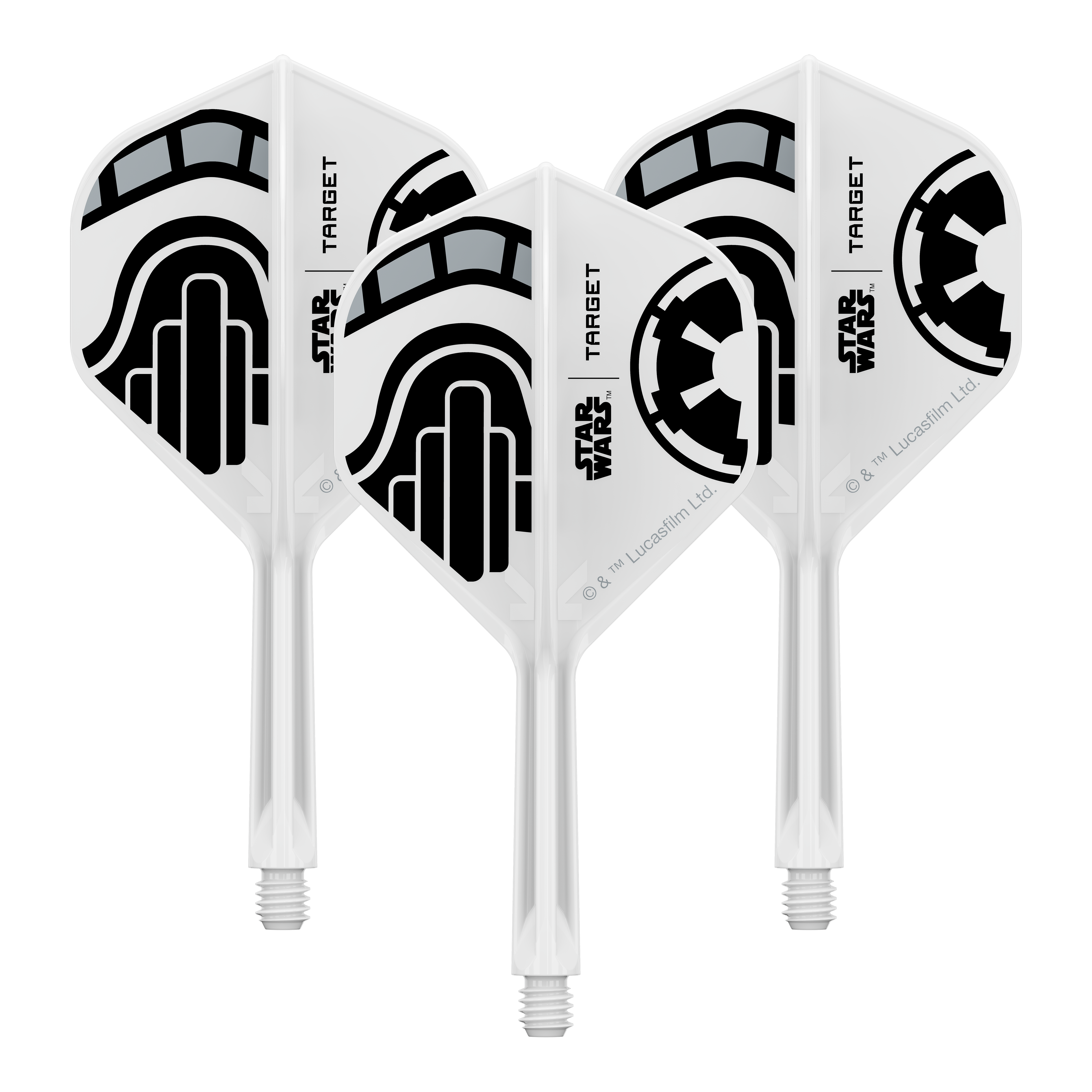 Abgebildet ist ein Set von Dart-Flights der Star Wars KFlex Stormtrooper No2 Standard Serie. Die Flights sind für den Intermediate-Bereich und haben eine Länge von 26 mm.