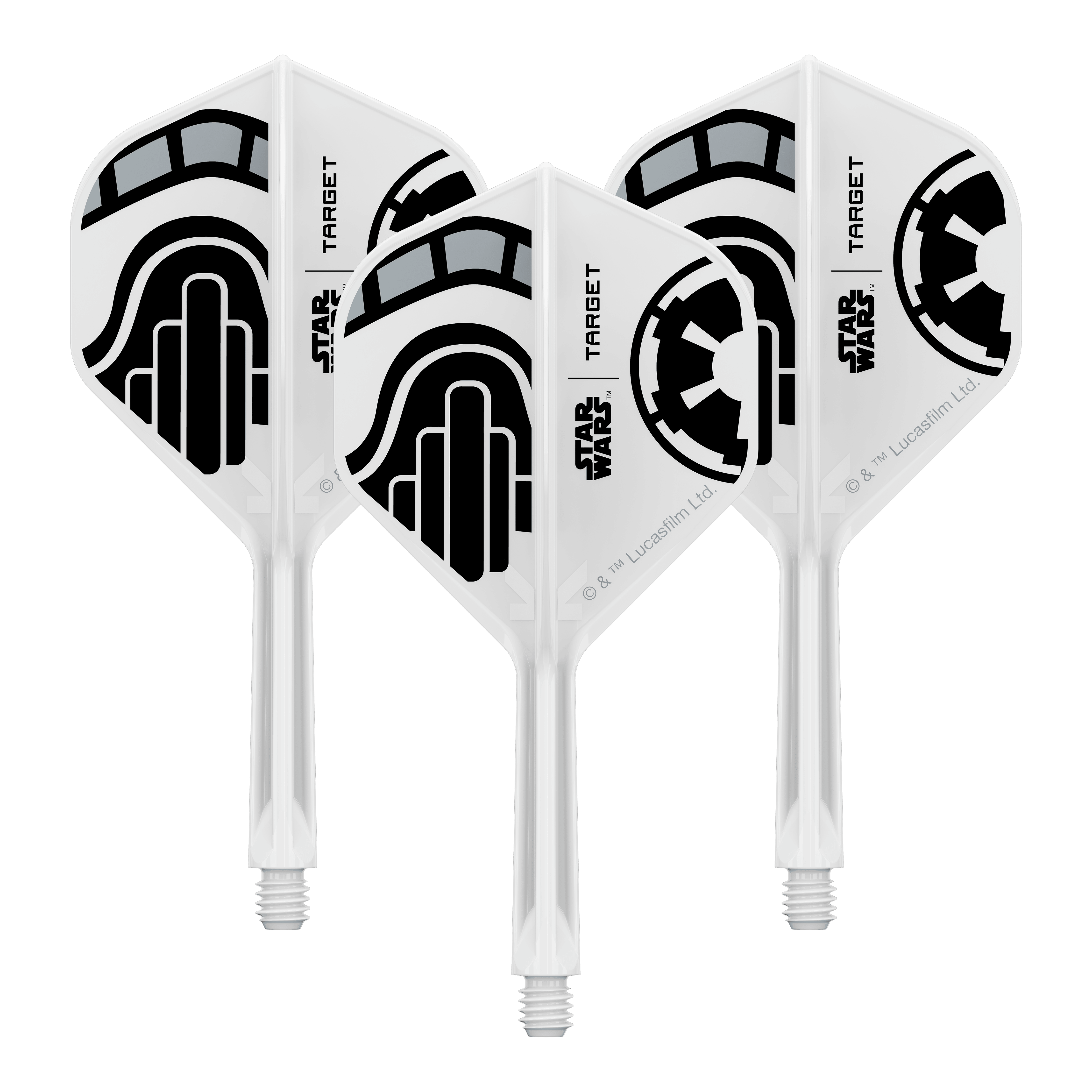 Target Star Wars K-Flex Stormtrooper No2 Standard Flights Abgebildet ist ein Set von Dart-Flights der Star Wars KFlex Stormtrooper No2 Standard Serie. Die Flights sind für den Intermediate-Bereich und haben eine Länge von 26 mm.