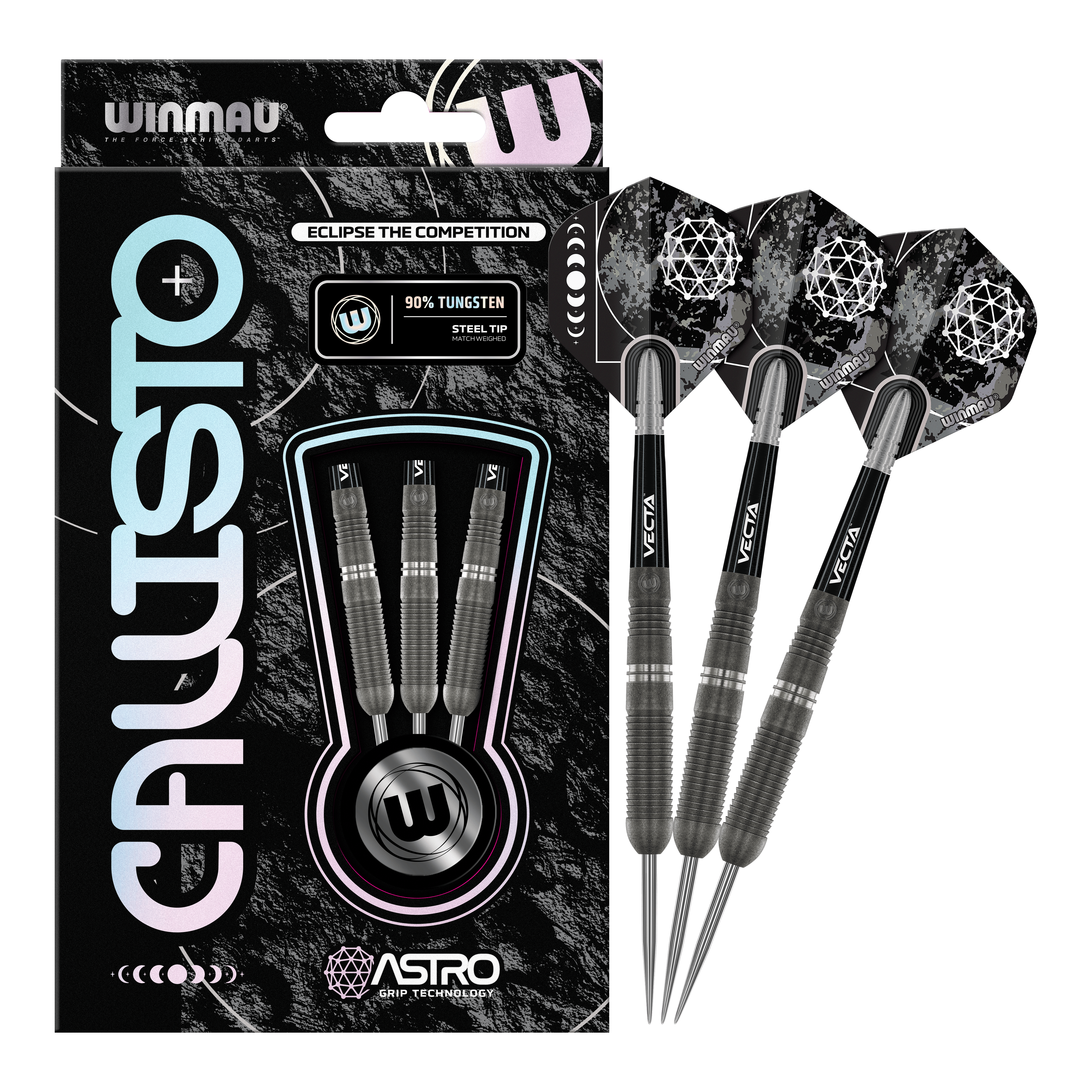 Winmau Callisto 03 Steeldarts Das Bild zeigt die "Winmau Callisto 03 Steeldarts" in ihrer Verpackung. Rechts daneben sind drei ausgepackte Steeldarts mit schwarzem Design zu sehen.