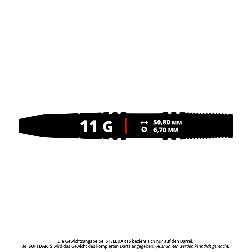 GOAT Athlete Red Brass Steeldarts - 11g Das Bild zeigt den GOAT Athlete Red Brass Steeldart mit einem Gewicht von 11 Gramm. Die Länge beträgt 50,80 mm und der Durchmesser 6,70 mm.