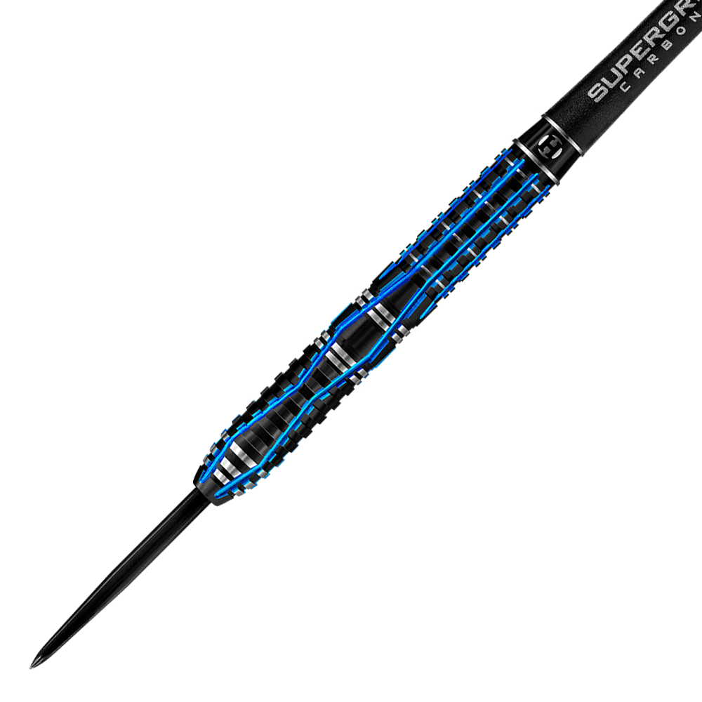 HA28917_Harrows_Ice_Recut_Steeldarts_2 Das Bild zeigt einen Harrows Ice Recut Steeldart mit schwarzem und blauem Design. Der Dartpfeil wirkt modern und hochwertig verarbeitet.