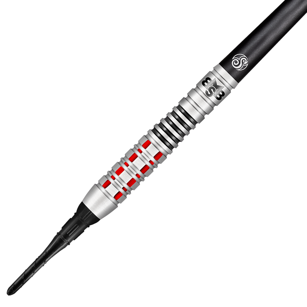 Shot Michael Smith Believe soft darts Das Bild zeigt einen Shot Michael Smith Believe Softdart. Der Dart hat ein silbernes Design mit roten und schwarzen Akzenten.