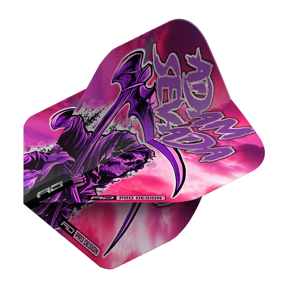 Dieses Bild zeigt die Red Dragon Hardcore Adam Sevada Premium No2 Standard Flights. Die Flights sind in auffälligem Pink und Lila gestaltet und zeigen einen düsteren Sensenmann mit der Aufschrift „Adam Sevada“.