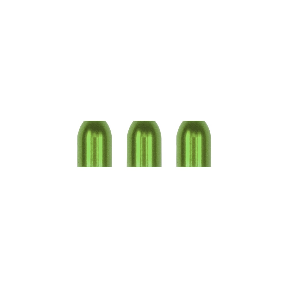Das Bild zeigt drei grüne L-Style Premium Metall Champagne Ringe. Sie sind nebeneinander in einer Reihe angeordnet.
