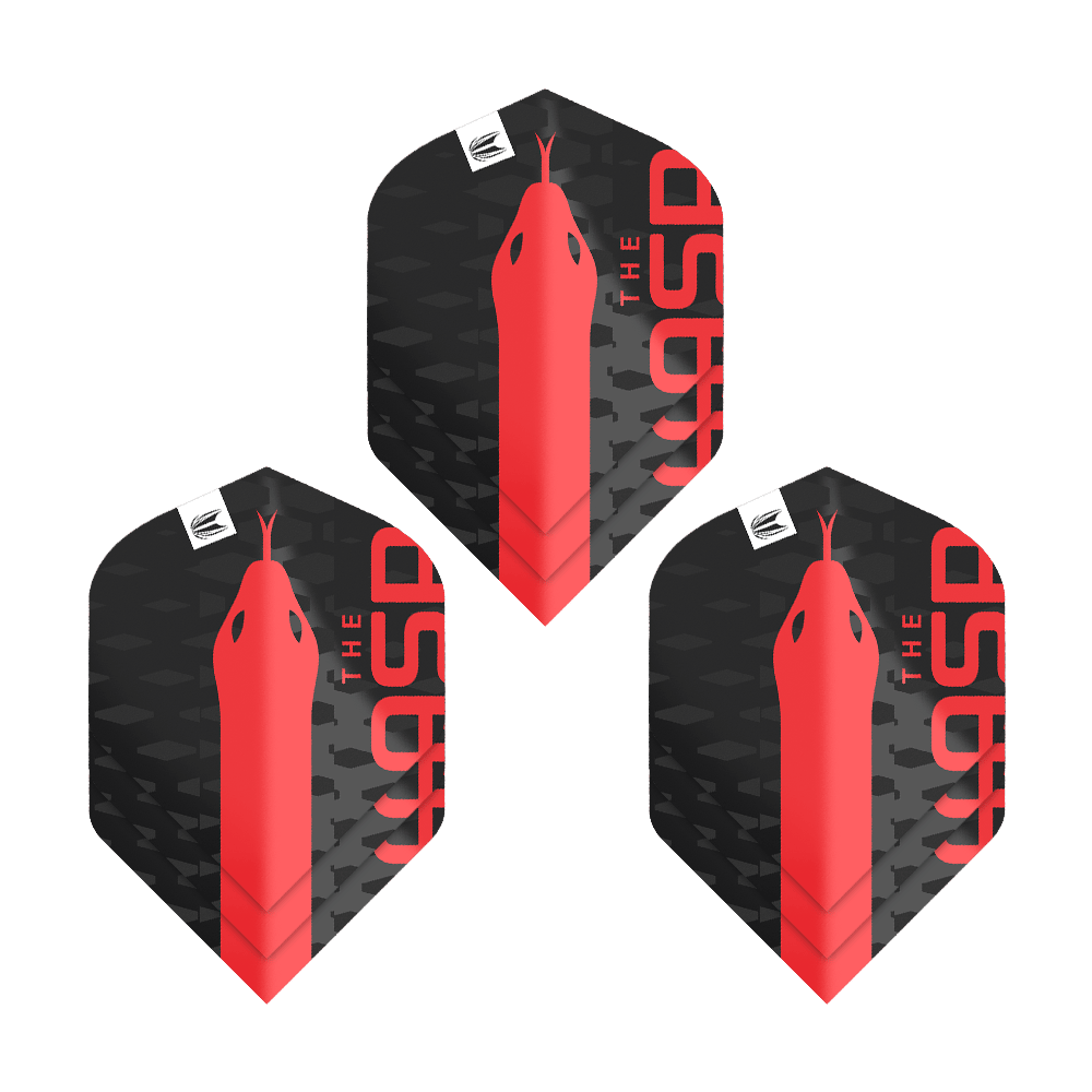 Das Bild zeigt drei schwarze Dart-Flights mit einem roten Schlangenkopf und der Aufschrift "THE ASP". Es handelt sich um das Produkt "Target Pro Ultra Nathan Aspinall No2 Standard Flights - 3 Sets".