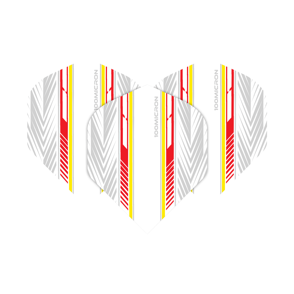 Pentathlon Flights white/red/yellow Das Bild zeigt die Pentathlon White Red Yellow No2 Standard Flights in einem modernen Design. Die Flights sind weiß mit roten, gelben und grauen Streifen verziert.