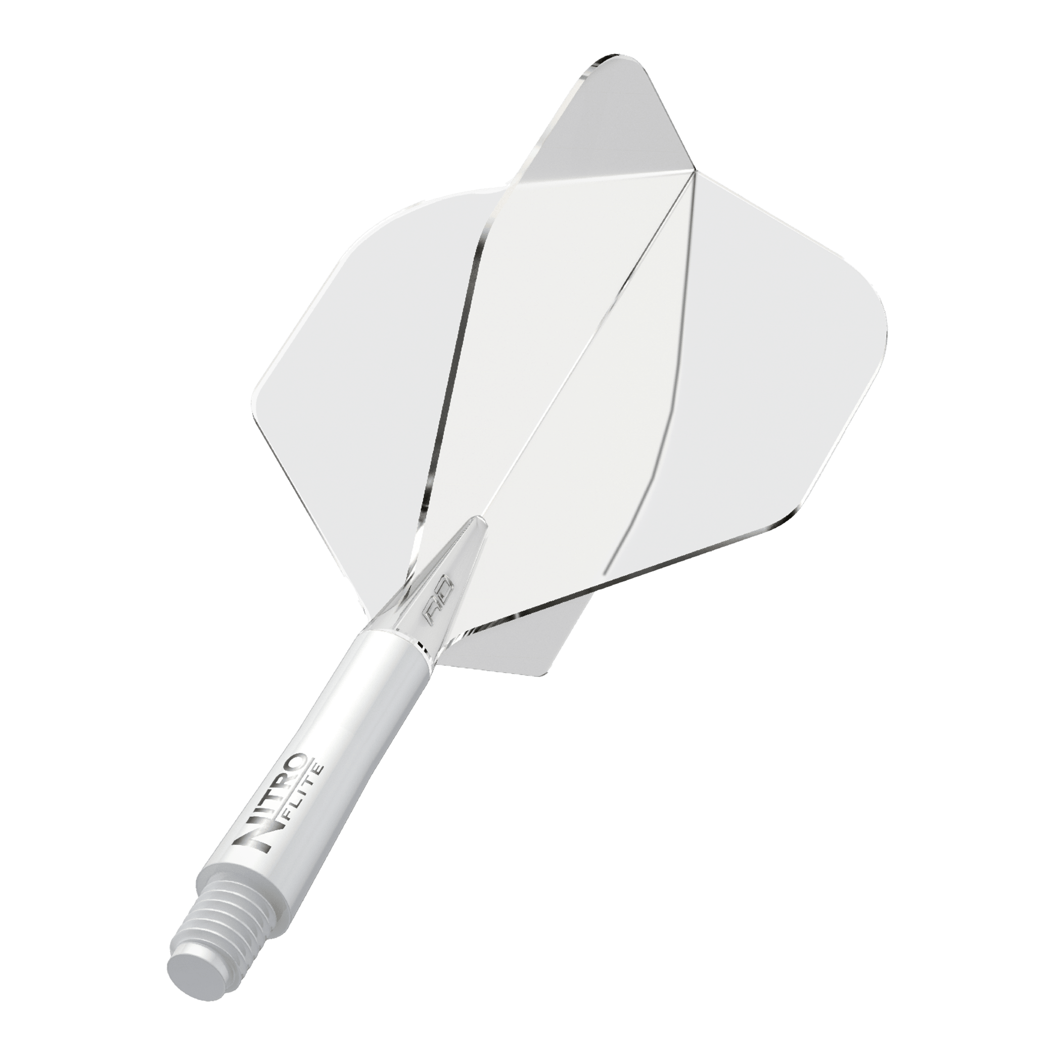 Red Dragon Nitroflite - White Shaft Clear No2 Flights Auf dem Bild ist ein weißer Dartpfeil mit klaren Flügeln zu sehen. Auf dem Schaft steht der Schriftzug "NITRO FLITE".