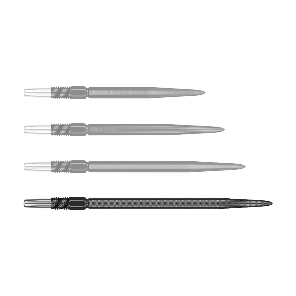 Target Swiss Point Nano Dart Tips - Black Auf dem Bild sind vier schwarze Dartspitzen nebeneinander angeordnet. Die Spitzen haben einen silbernen Ansatz und einen geriffelten Schaft.