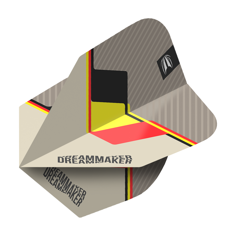 TG77_336500_Target_Pro_Ultra_Dimitri_Van_Den_Bergh_2022_No6_Flights_2bmayl8KgcW1Zu Das Bild zeigt die Target Pro Ultra Dimitri Van Den Bergh No6 Flights. Das Design ist modern mit den Farben Schwarz, Gelb und Rot sowie dem Schriftzug "Dreammaker".