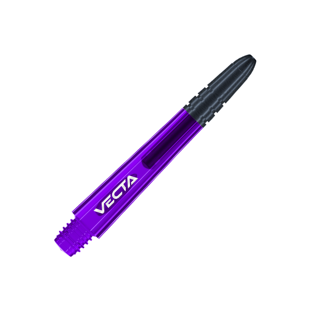 Winmau Vecta Shafts - Purple Black Das Bild zeigt einen lila und schwarzen Dart-Schaft mit der Aufschrift "VECTA". Der Schaft hat ein glattes, modernes Design und misst 37 mm.
