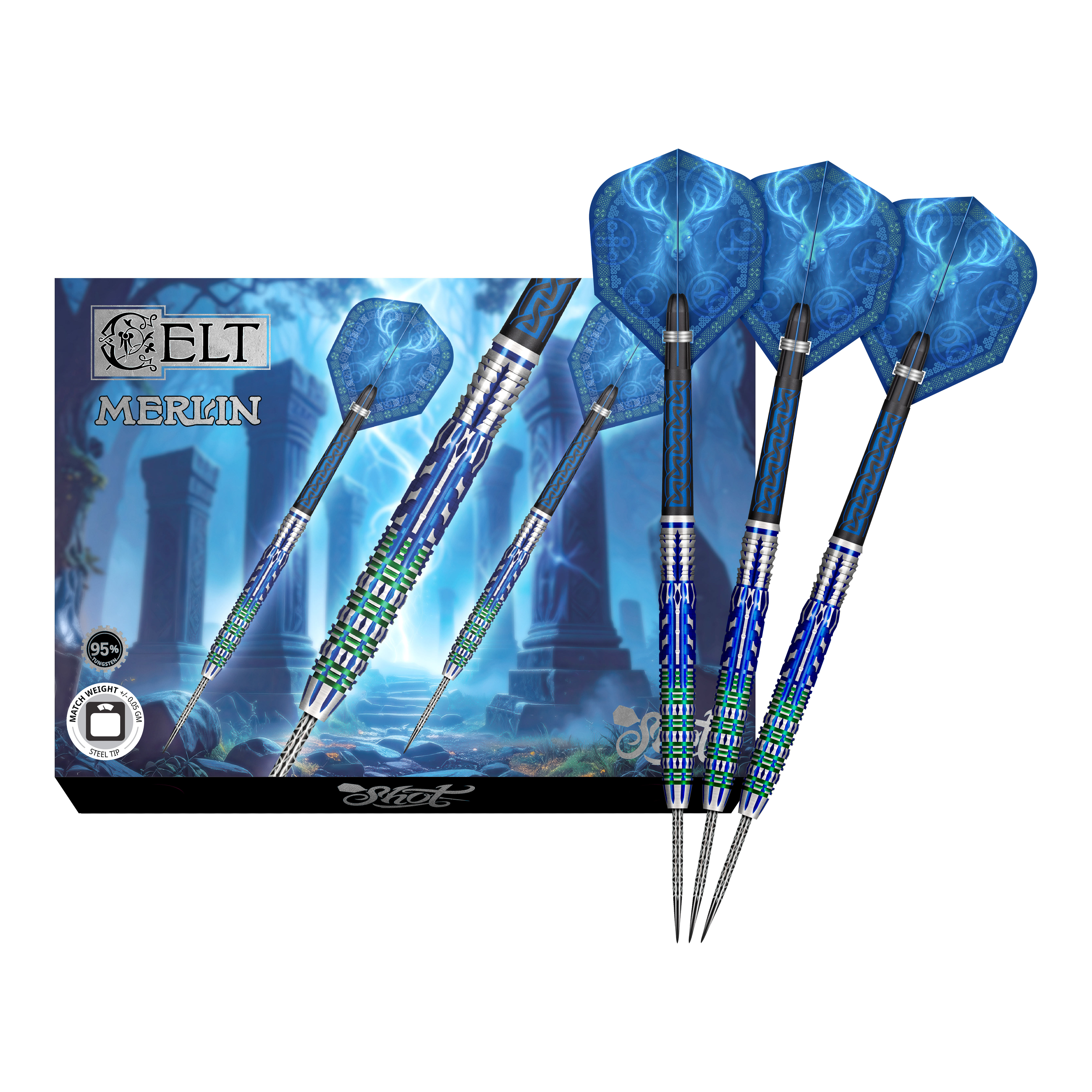 Hier sieht man die Shot Celt Merlin Steeldarts in voller Ansicht. Sie eignen sich für professionelle Spieler.