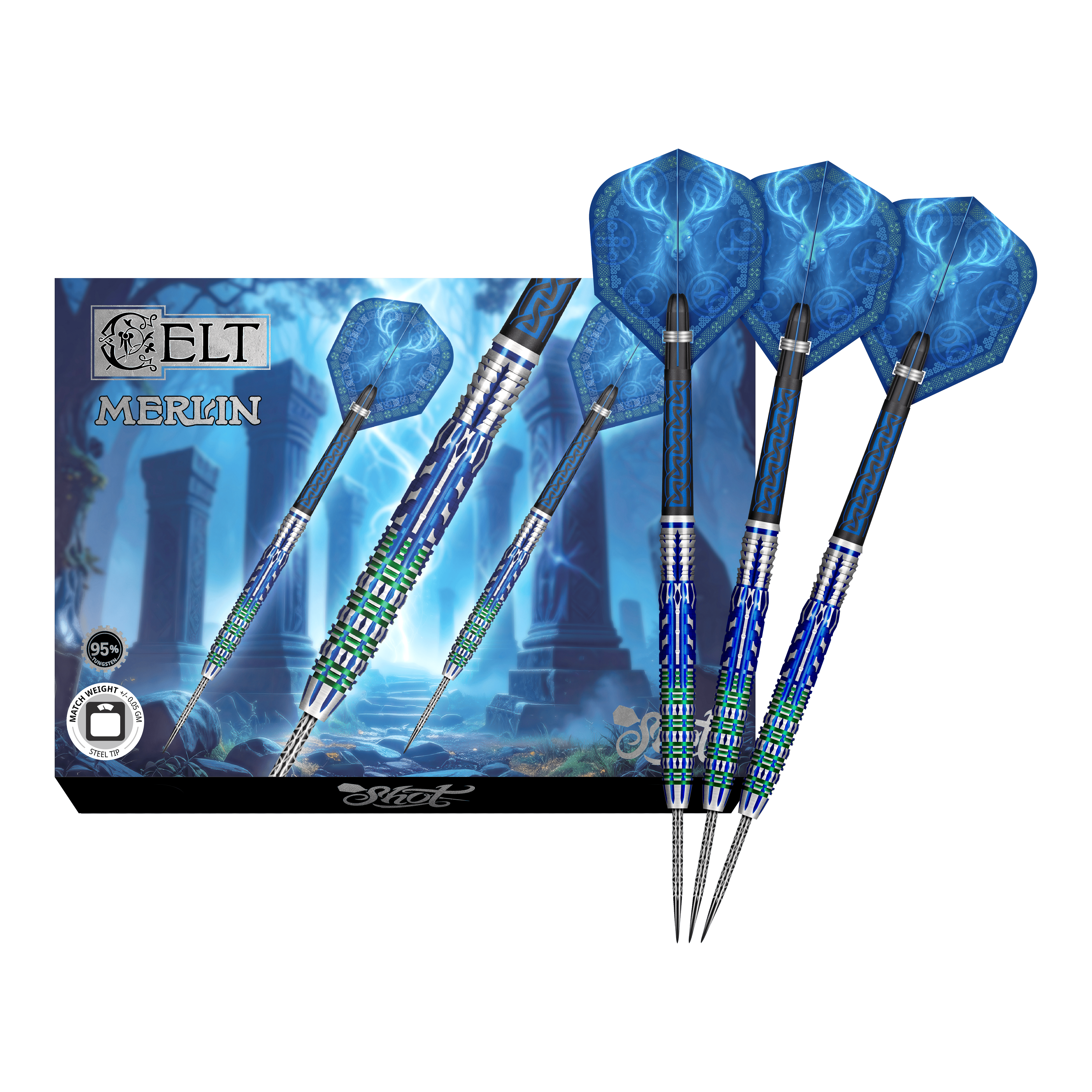 Shot Celt Merlin steel darts Hier sieht man die Shot Celt Merlin Steeldarts in voller Ansicht. Sie eignen sich für professionelle Spieler.