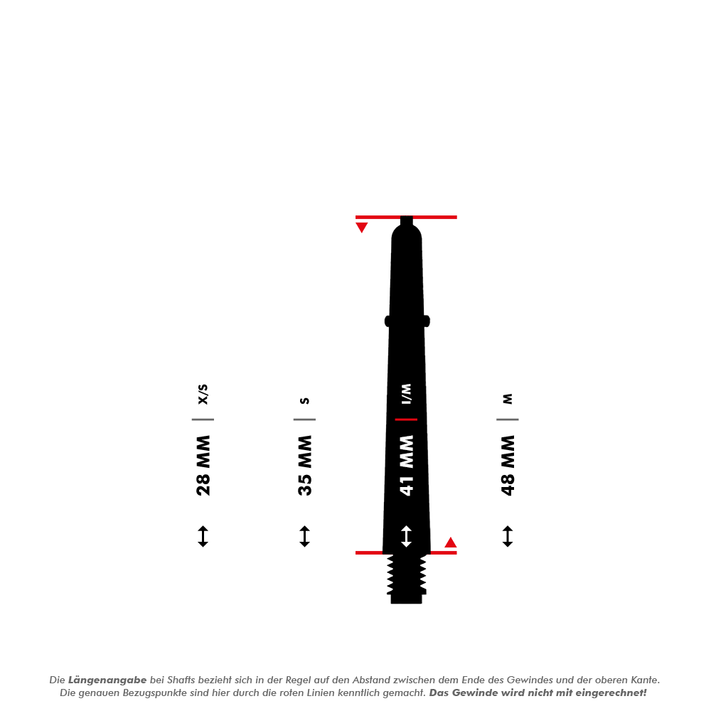 Das Bild zeigt die „Bulls B-Grip-2 SL Shafts“ in Weiß mit verschiedenen Längenangaben. Die Längenoptionen sind 28 mm (XS), 35 mm (S), 41 mm (M/W), und 48 mm (M).