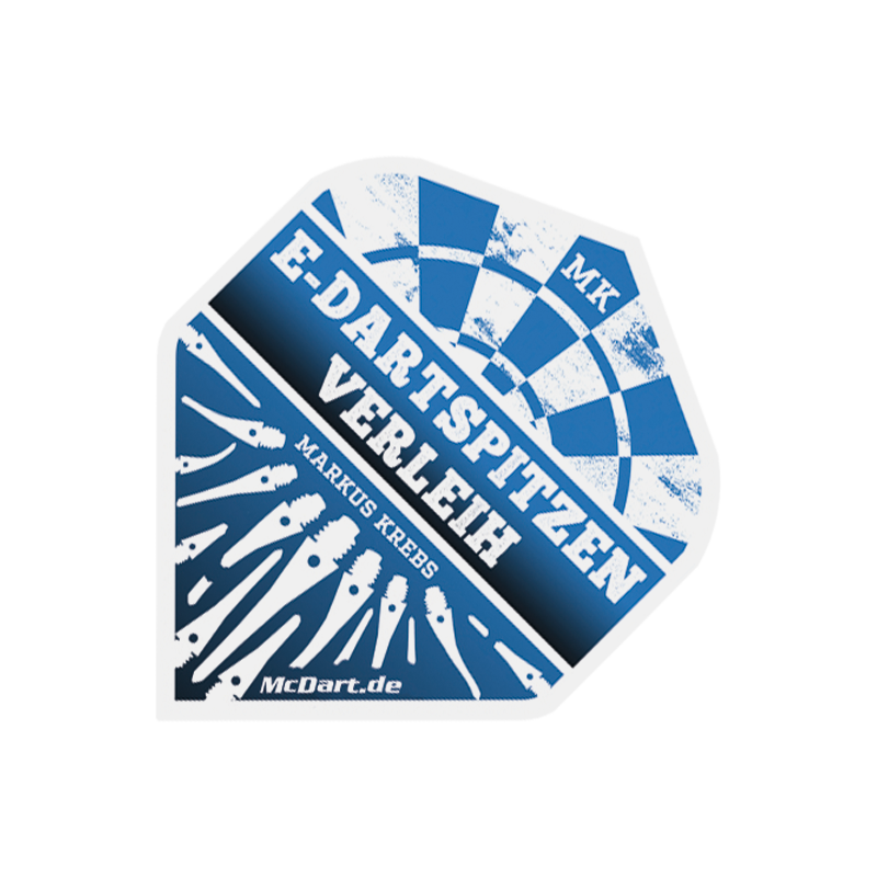 MK8025_Markus_Krebs_Flights_2_EDartSpitzenverleih Das Bild zeigt ein blau-weißes Dartflight-Design mit der Aufschrift "E-Dartspitzen Verleih" und "Markus Krebs". Unten rechts sind verschiedene Dartspitzen und die Website "McDart.de" abgebildet.