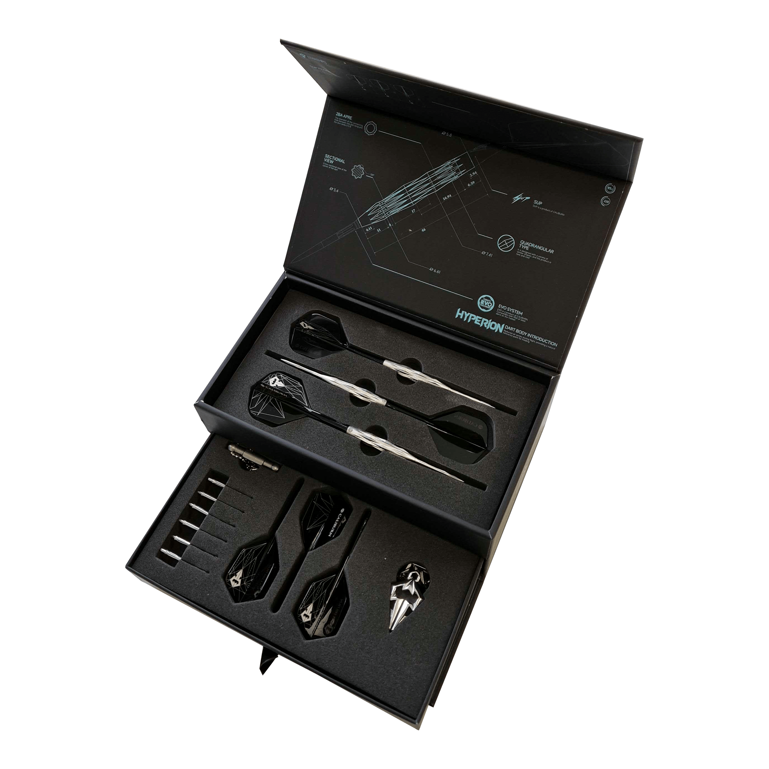 Gezeigt werden die Caliburn Starships Series Hyperion Steeldarts - 22g. Die Darts sind ideal für ambitionierte Spieler.