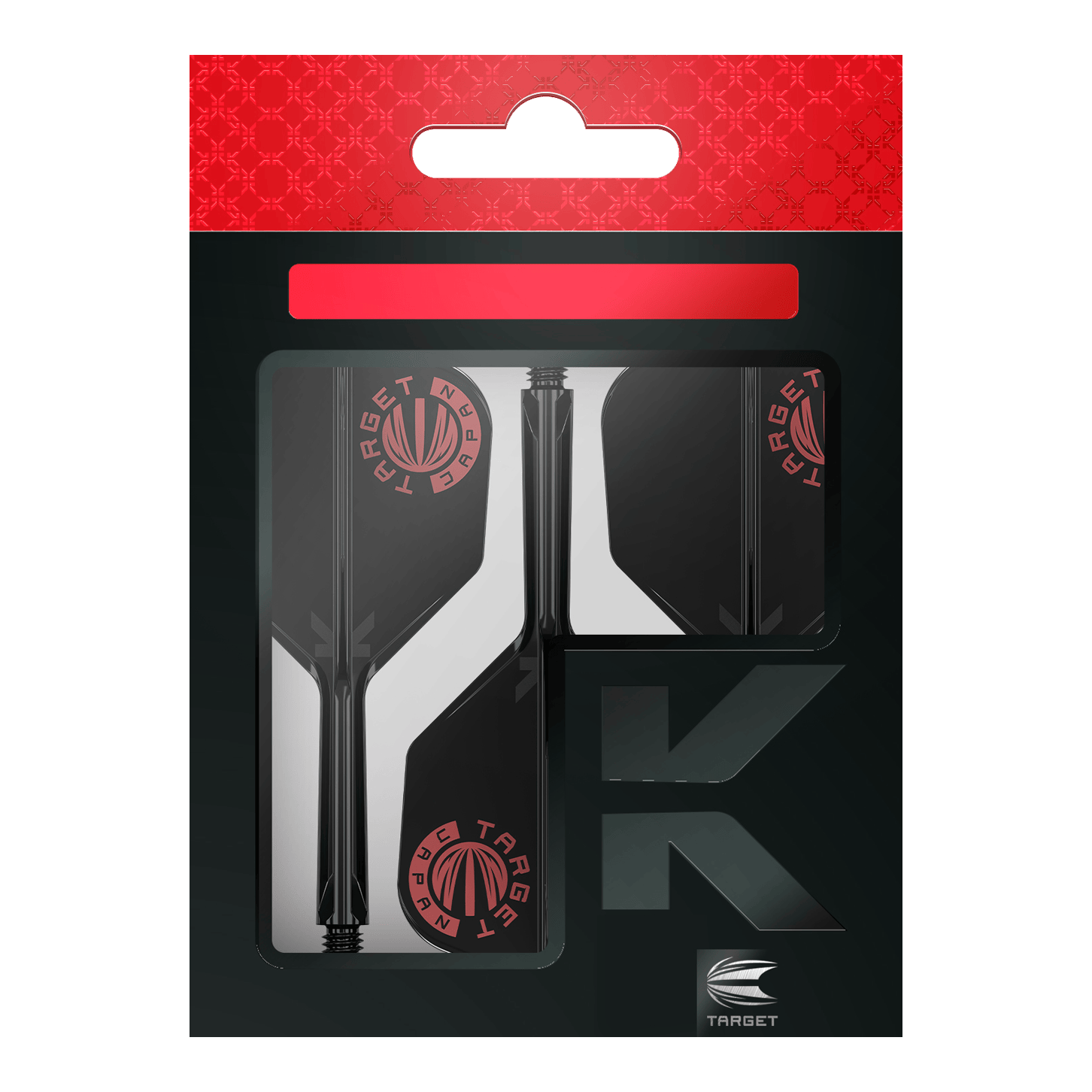 Das Bild zeigt die Verpackung des Produkts "Target Japan K-Flex Original Logo Red Black No6 Flight-Shaft-System". Die Verpackung ist schwarz mit roten Akzenten und dem Target-Logo sichtbar.