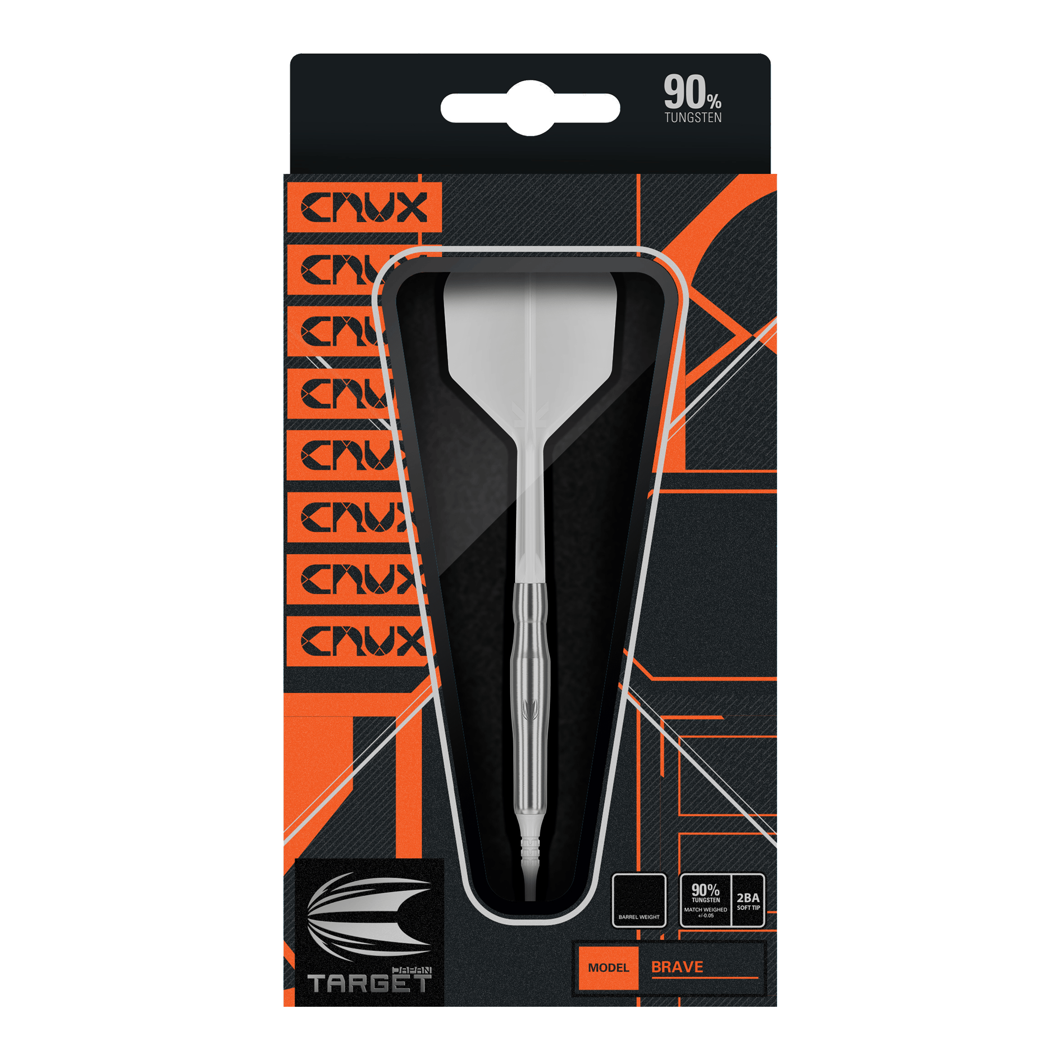 Target Japan Crux Brave Soft Darts - 18.5g Das Bild zeigt die Verpackung des Produkts "Target Japan Crux Brave Softdarts - 18,5g". Der Dartpfeil ist gut sichtbar in einer schwarzen und orangefarbenen Box präsentiert.